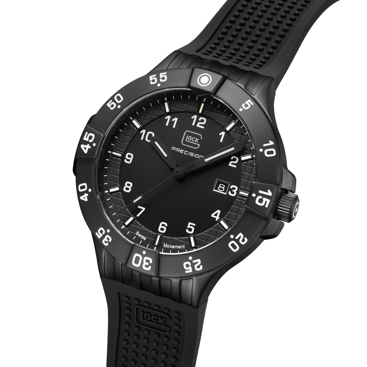 Angled View of Black Stainless Steel Glock Watch With Black Silicone Band