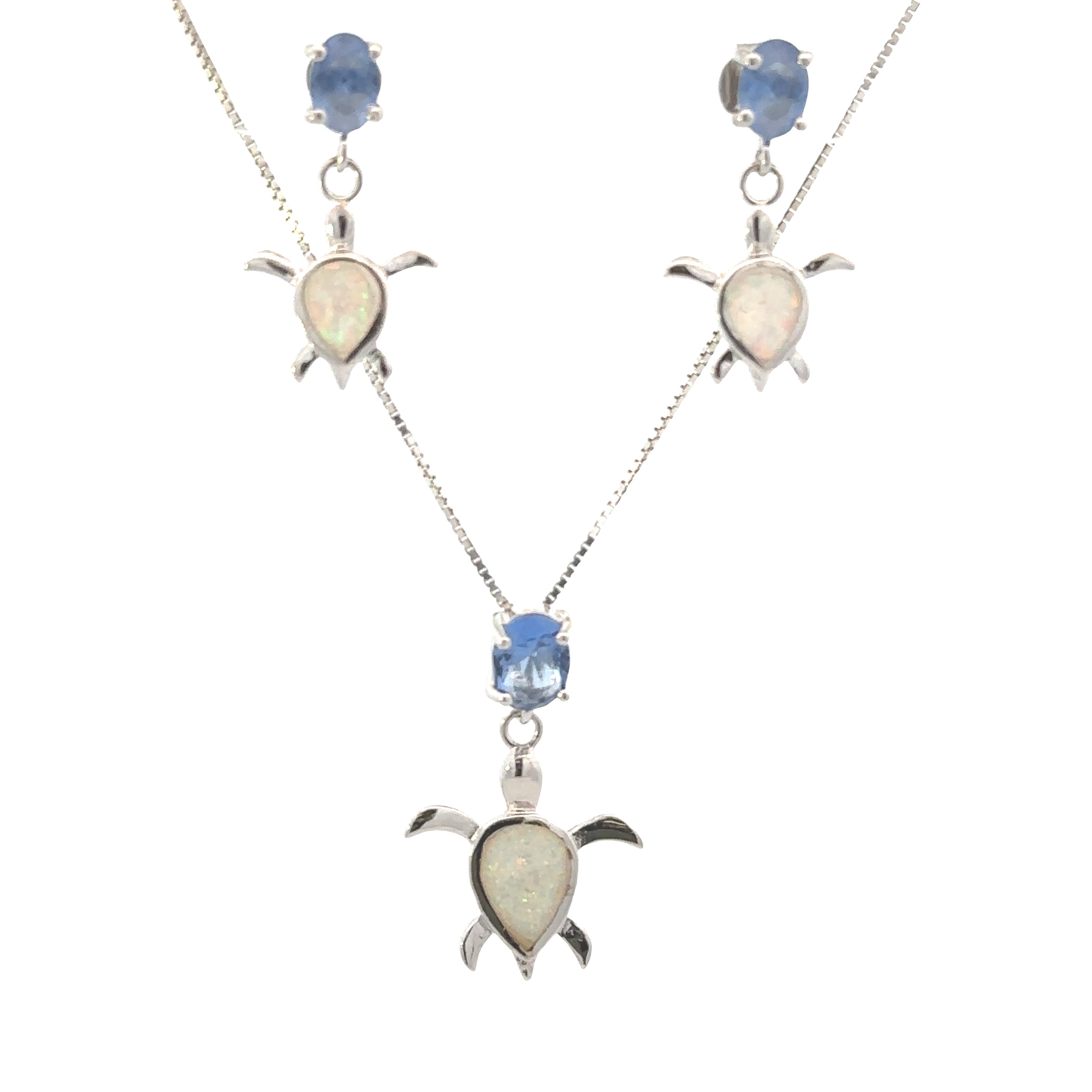 Sterling Silver Tanzanite & Created Opal Turtle Earring and Pendant Set