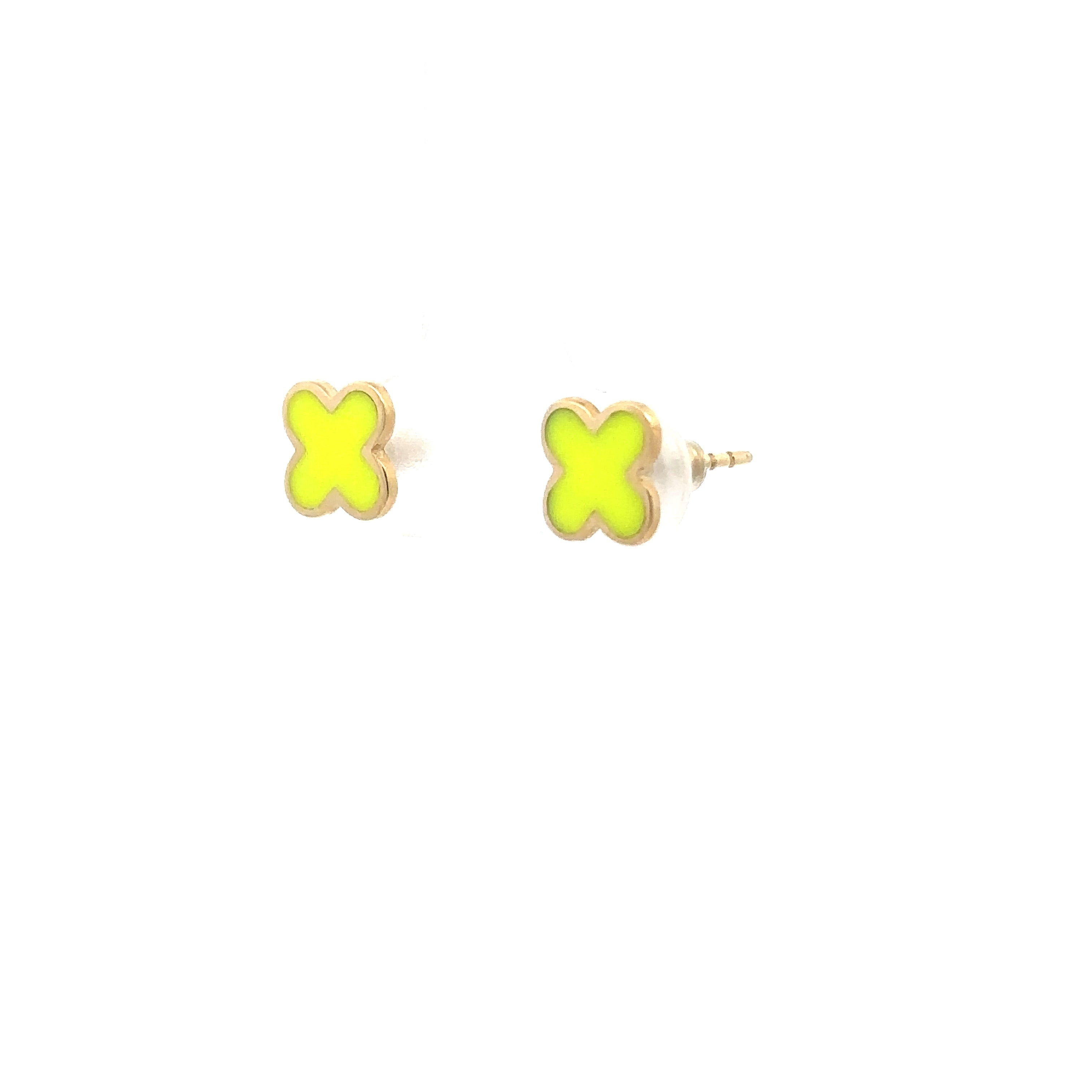 14K Yellow Gold Green Enamel Clover Stud Earrings