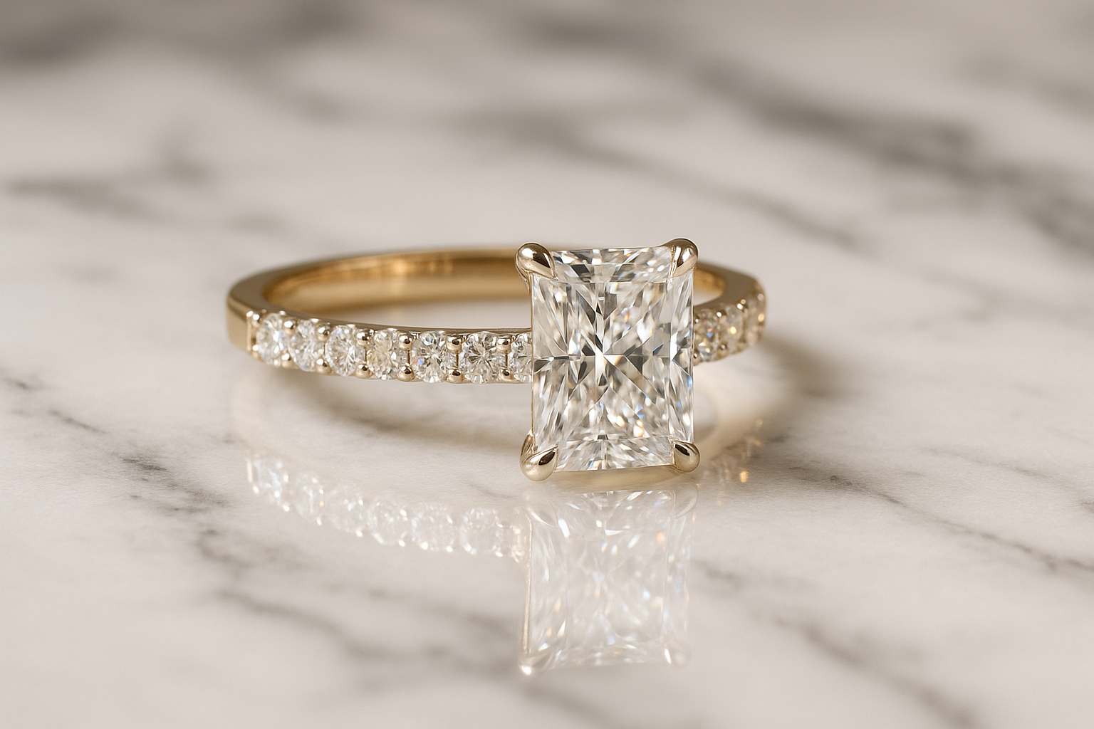 The "Celeste" — 14K Yellow Gold 2-3/4CTW. Certified Radiant-Cut Lab-Grown Diamond Accent Engagement Ring