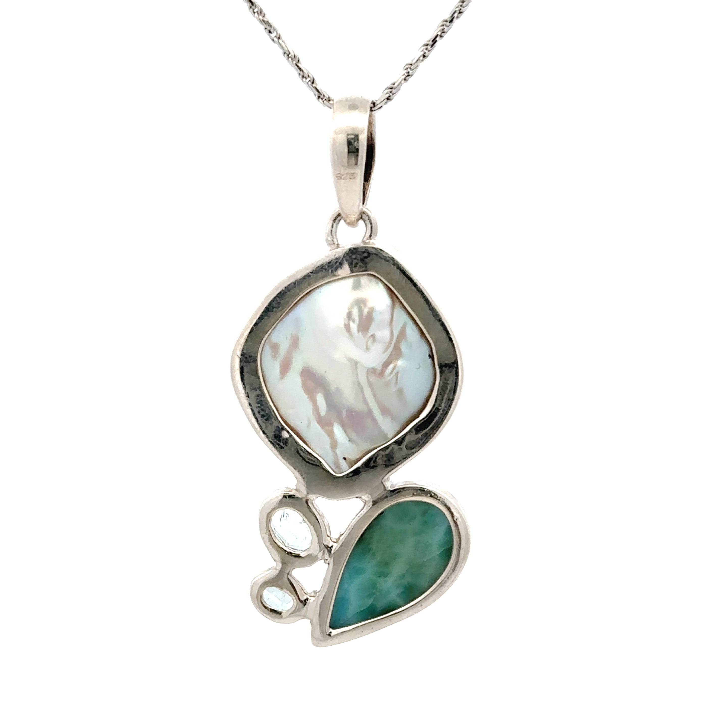 Sterling Silver Freshwater Pearl, Larimar & Sky-Blue Topaz Pendant Necklace