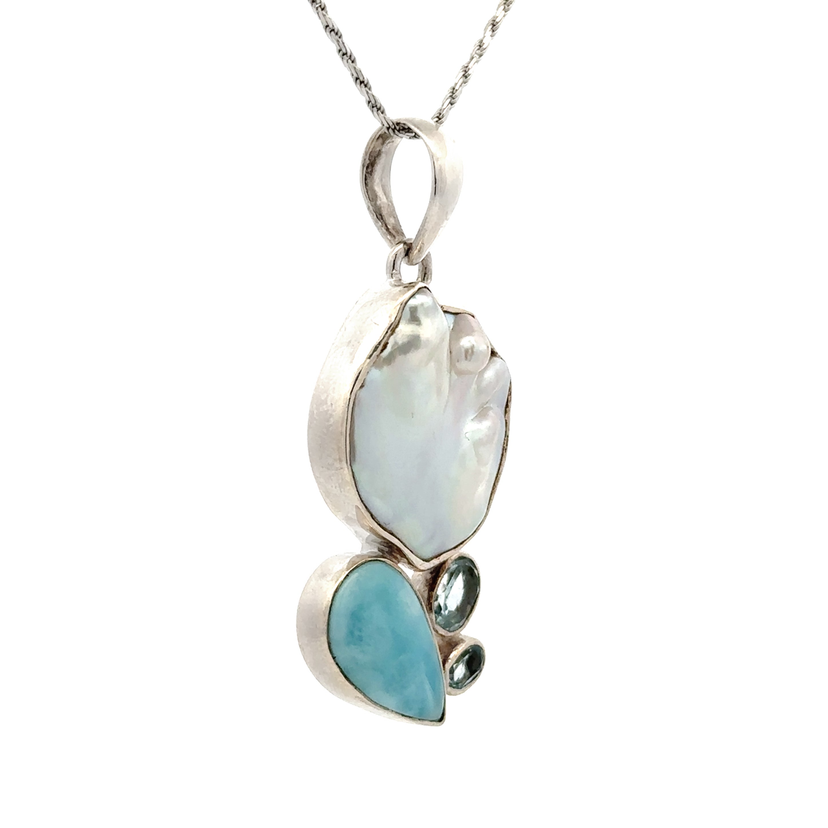 Sterling Silver Freshwater Pearl, Larimar & Sky-Blue Topaz Pendant Necklace