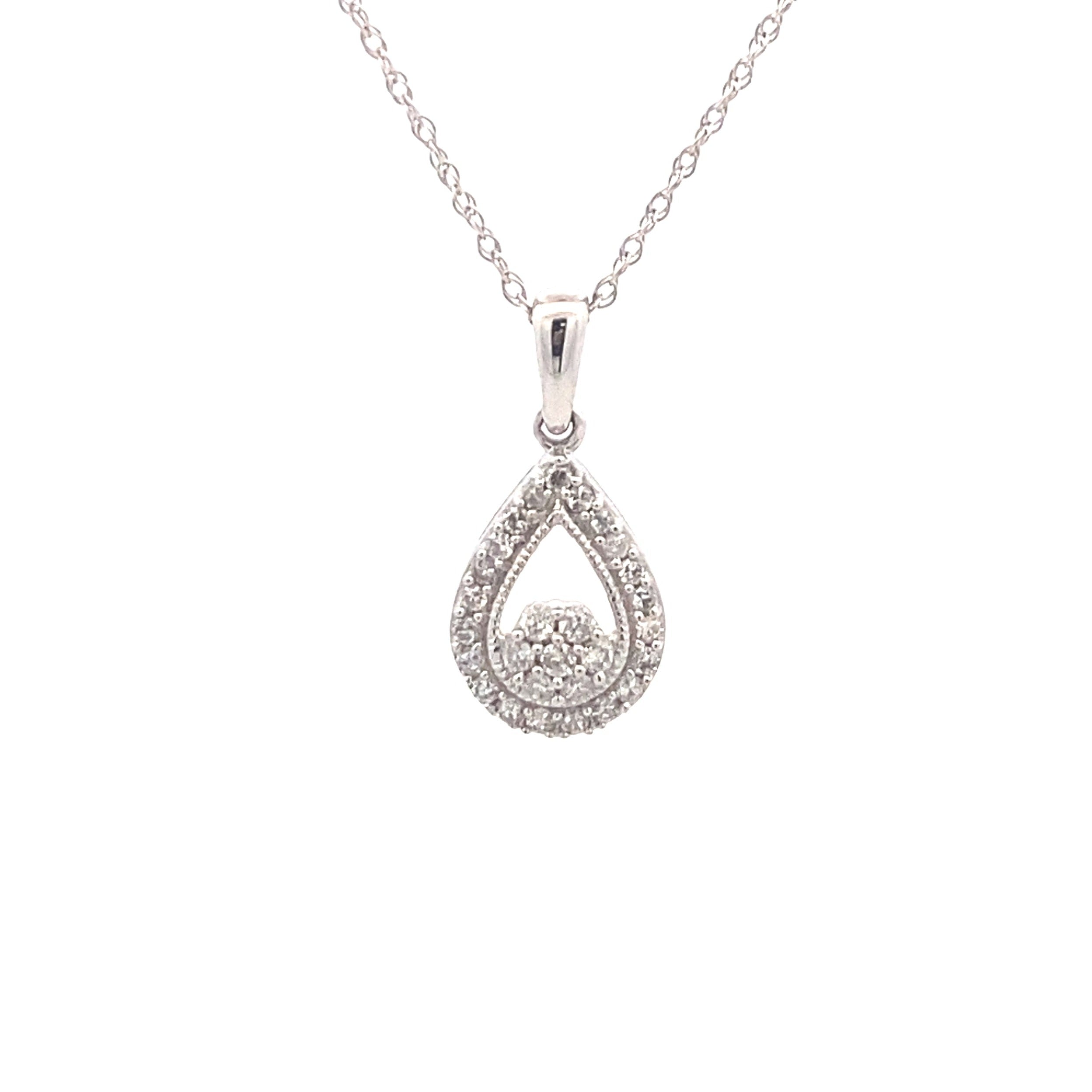 Sterling Silver 1/5CT. Diamond Teardrop Cluster Pendant Necklace