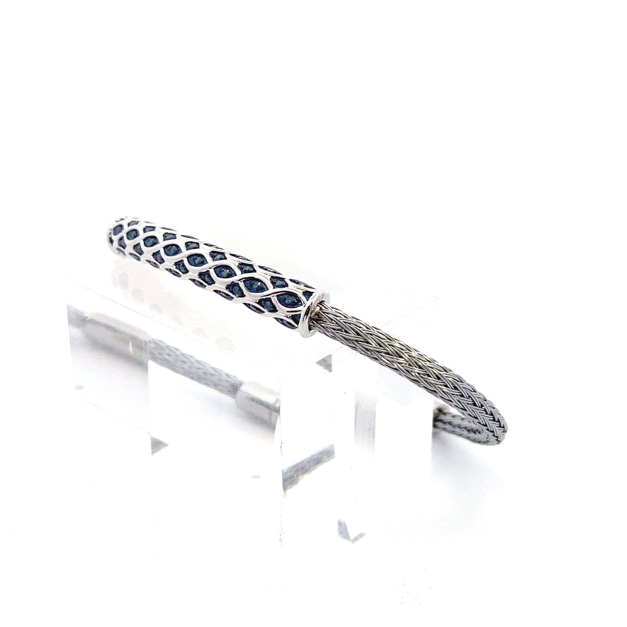 Sterling Silver 1/5CT. Blue & White Diamond Locking Cable Bracelet