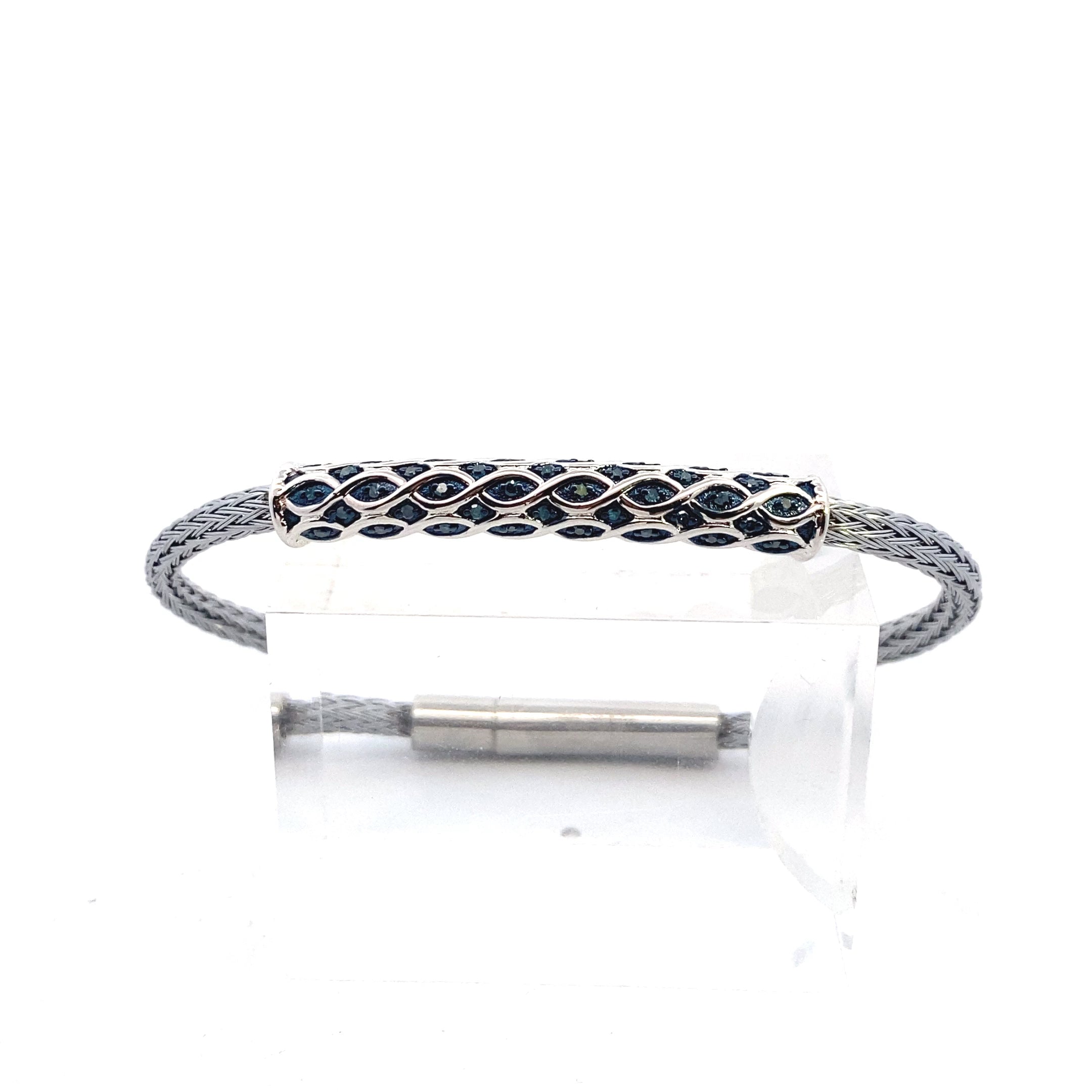 Sterling Silver 1/5CT. Blue & White Diamond Locking Cable Bracelet