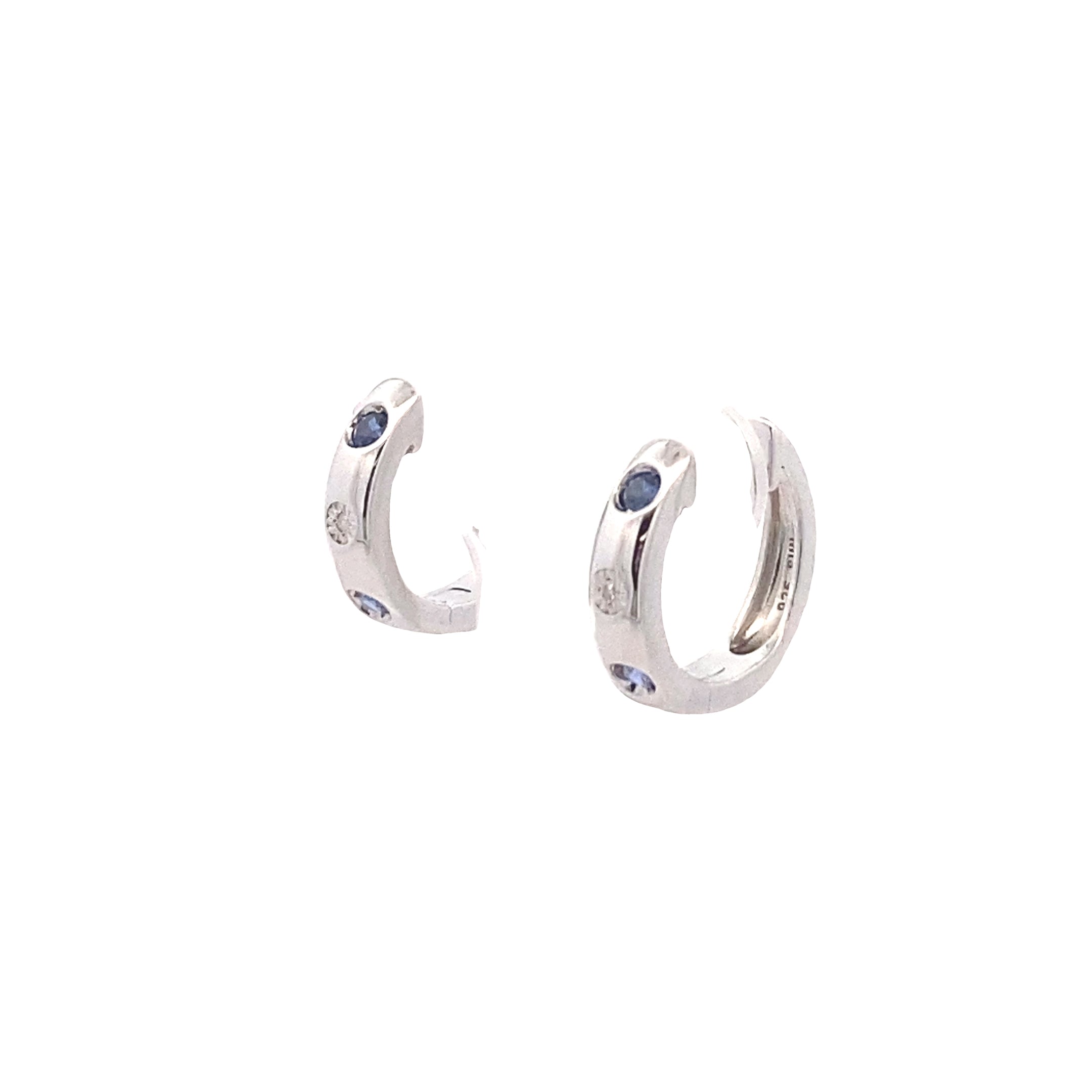 Sterling Silver 1/50CT. Diamond & Lab-Grown Blue Sapphire Huggie Hoops