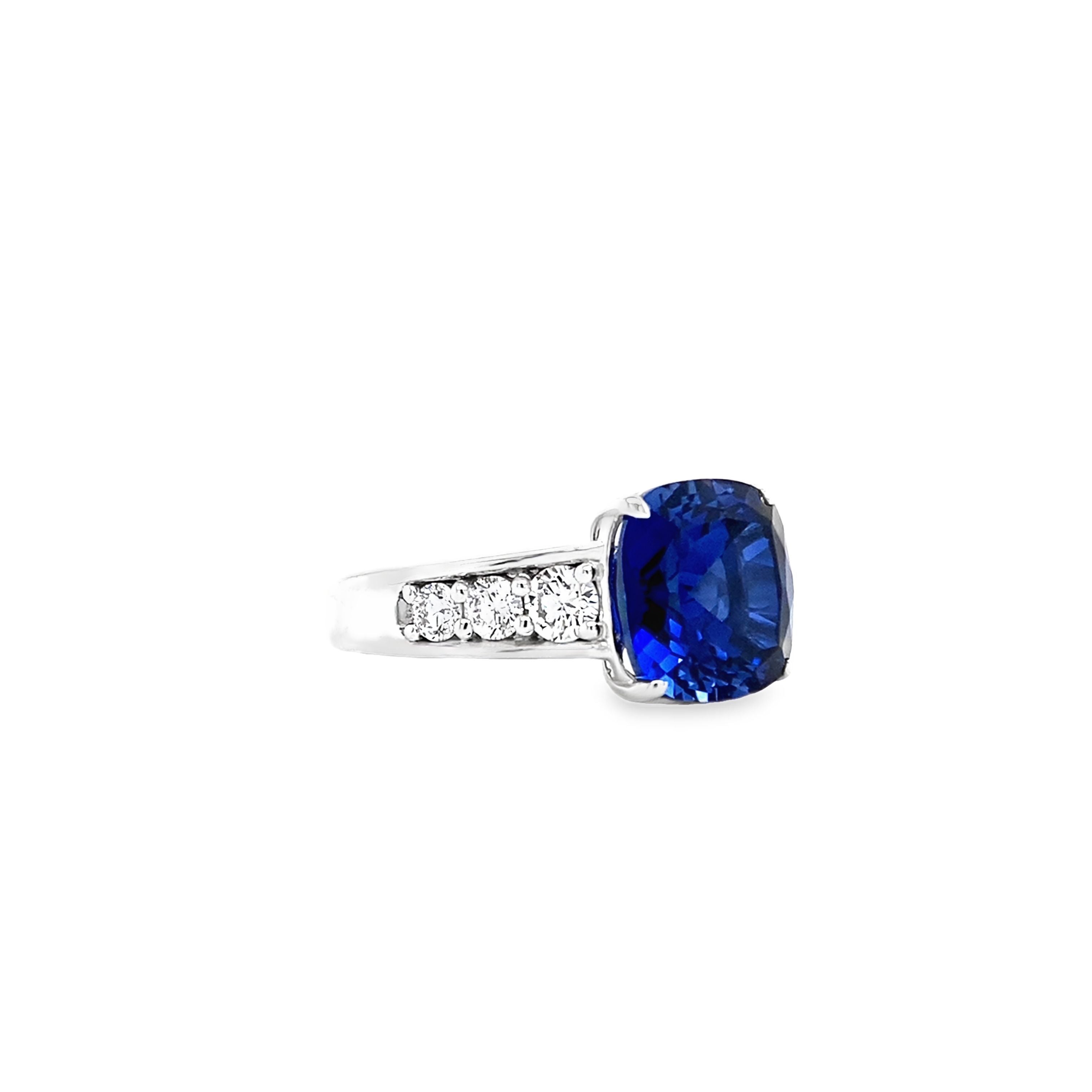 14K White Gold Cushion-Cut Lab-Grown Blue Sapphire & 0.62CTW. Lab-Grown Diamond Fashion Ring