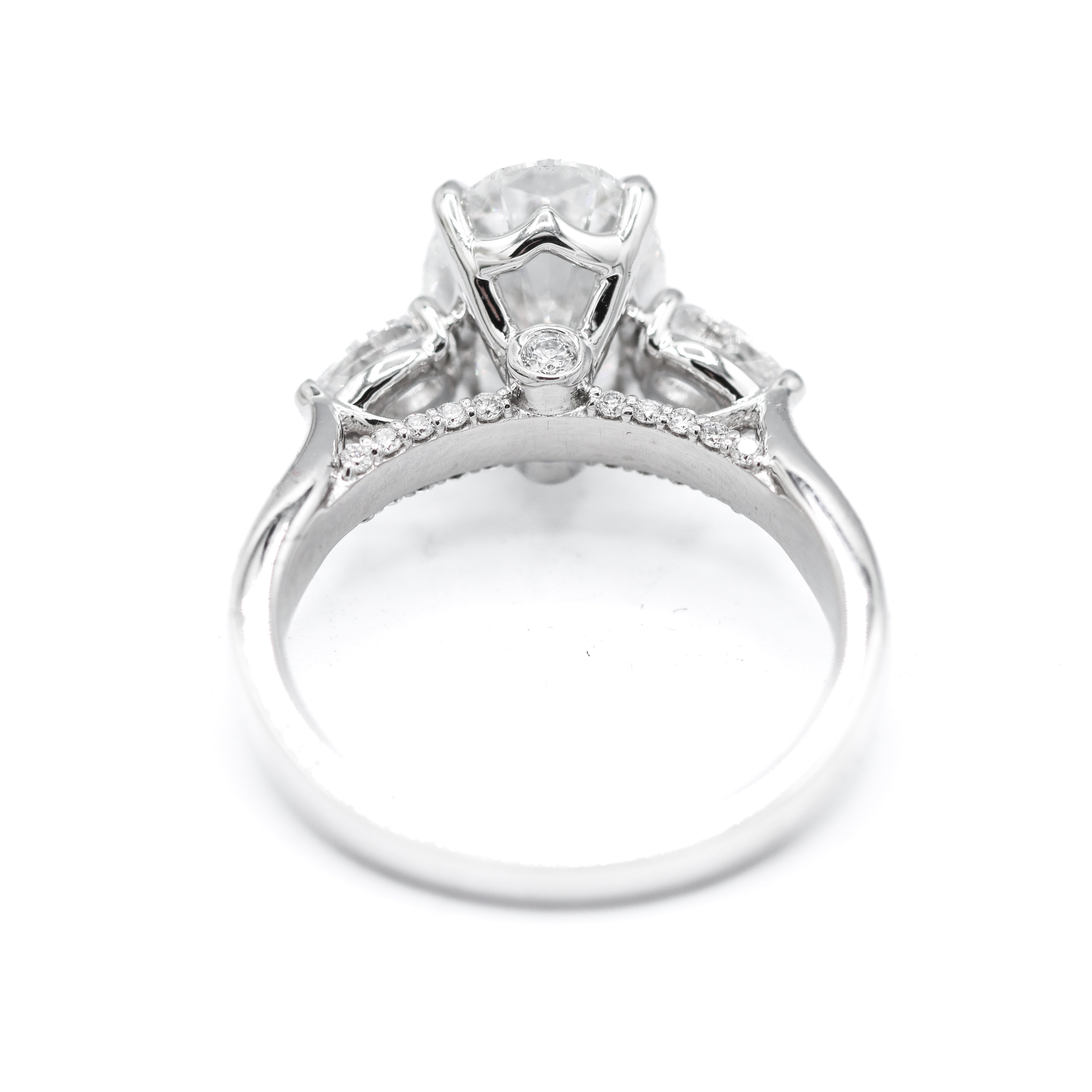 Back View of 14K White Gold 3-2/3CTW. Certified Oval-Cut Lab-Grown Diamond 3-Stone Accented Engagement Ring