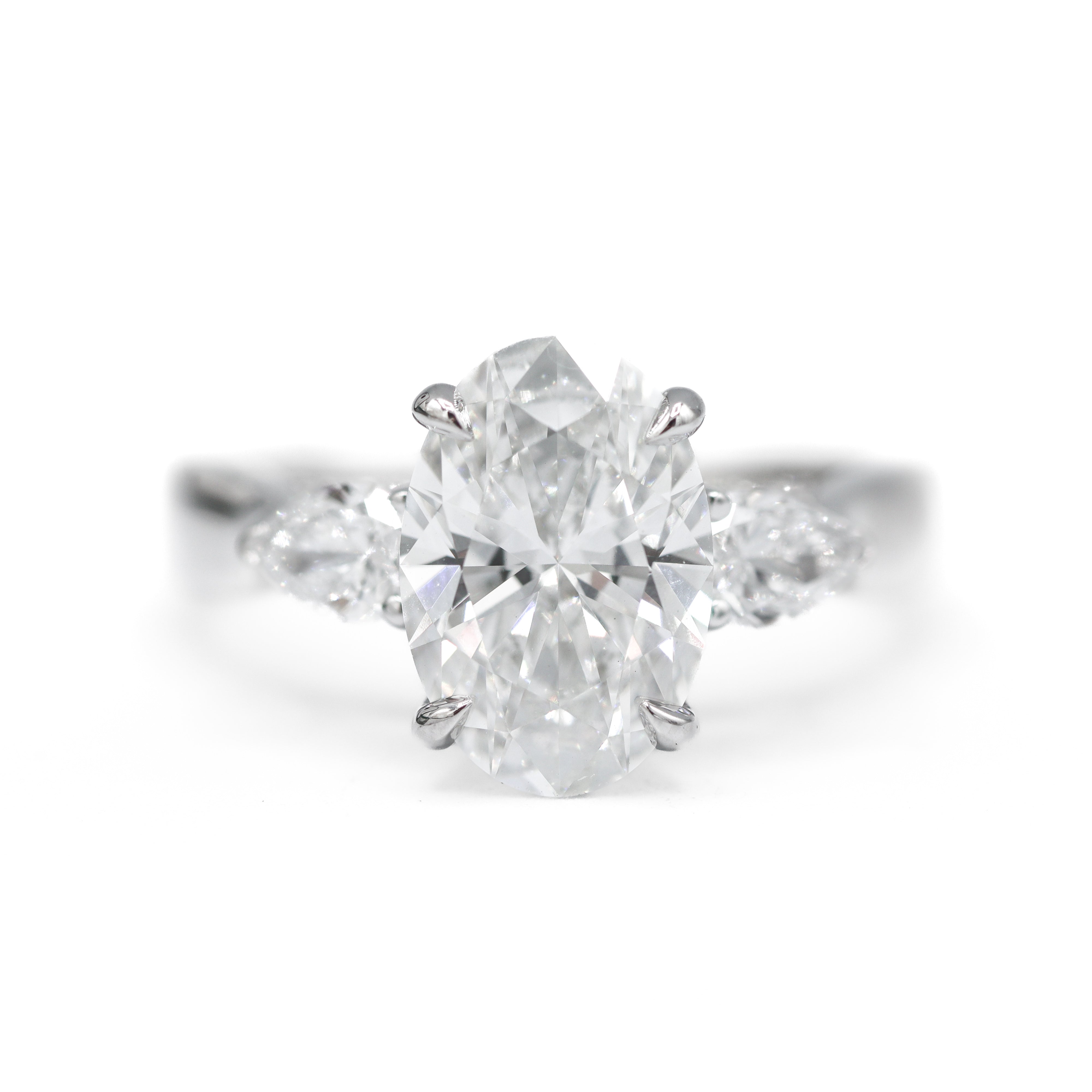Front View of 14K White Gold 3-2/3CTW. Certified Oval-Cut Lab-Grown Diamond 3-Stone Accented Engagement Ring