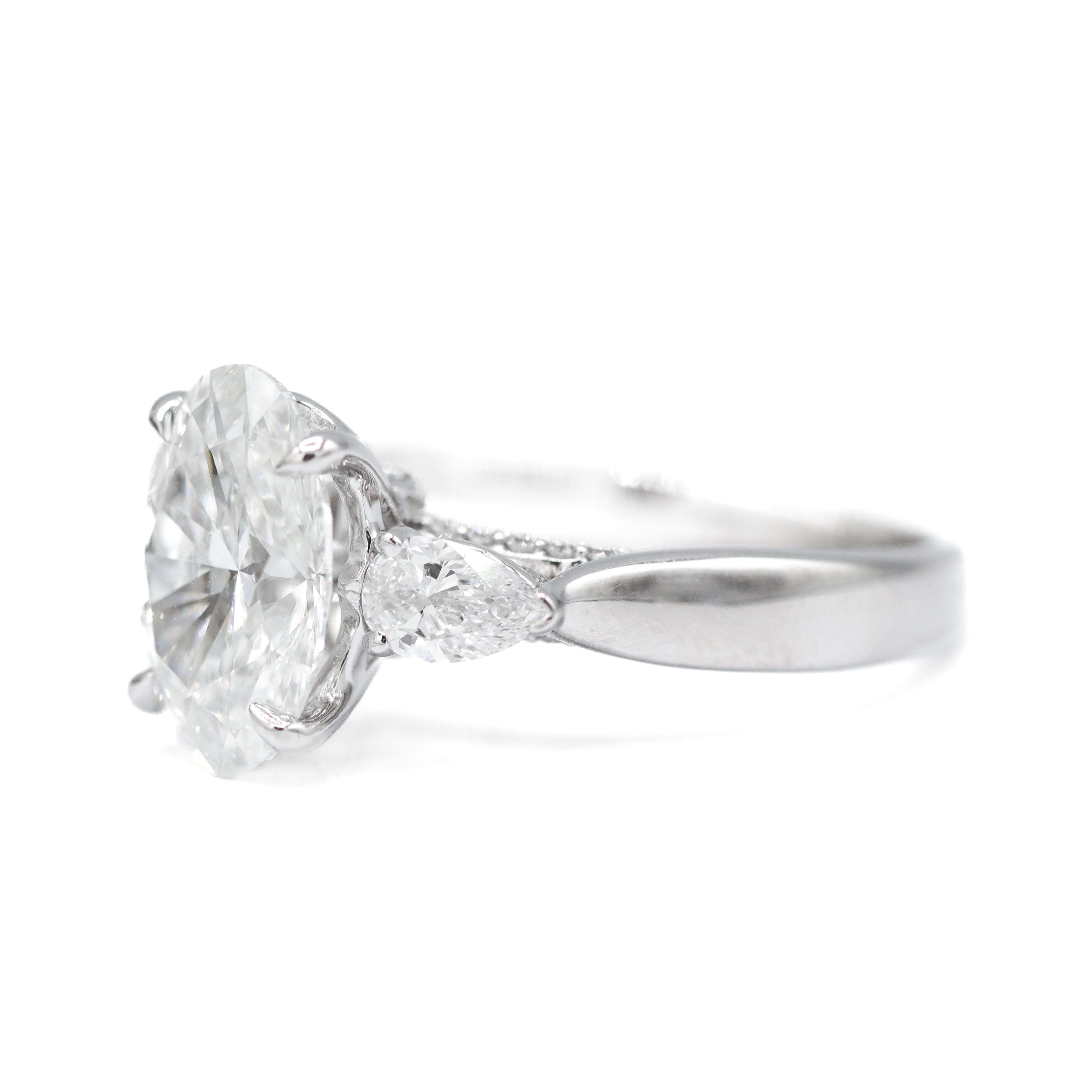 Right side view of 14K White Gold 3-2/3CTW. Certified Oval-Cut Lab-Grown Diamond 3-Stone Accented Engagement Ring