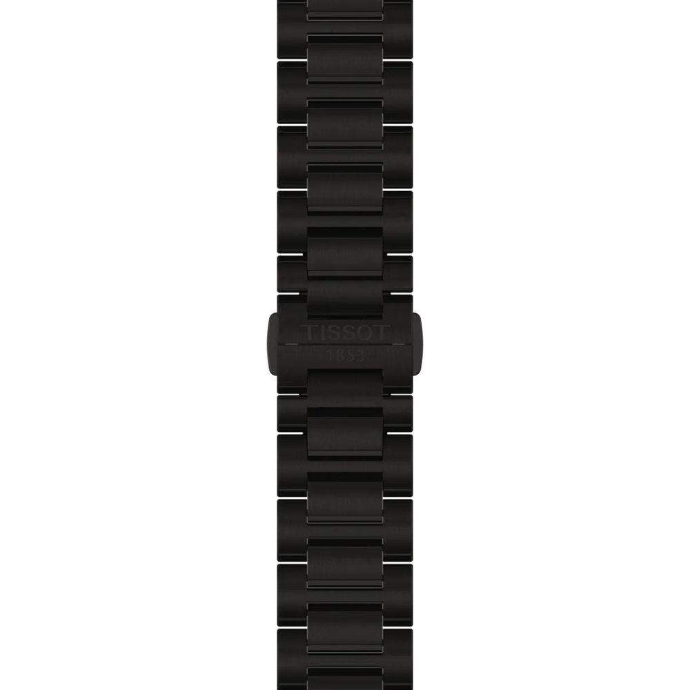 Black watch strap with Tissot logo on a white background