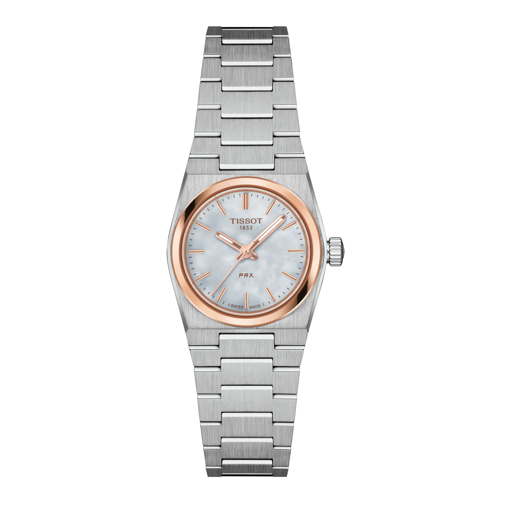 Silver Tissot watch with rose gold accents on a white background