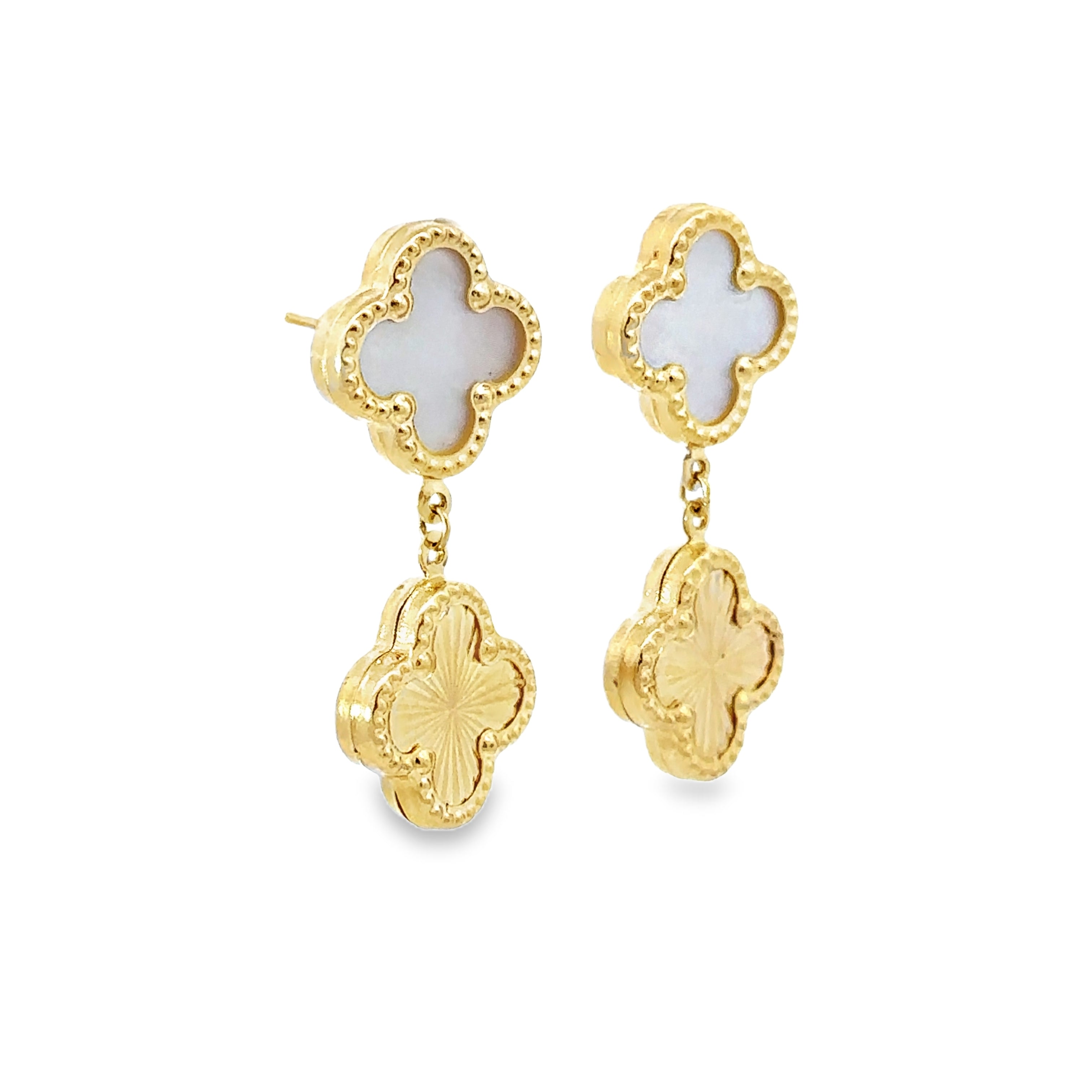 Side View of 2 Tiered Dangling Clover Earrings with Mother of Pearl on Top