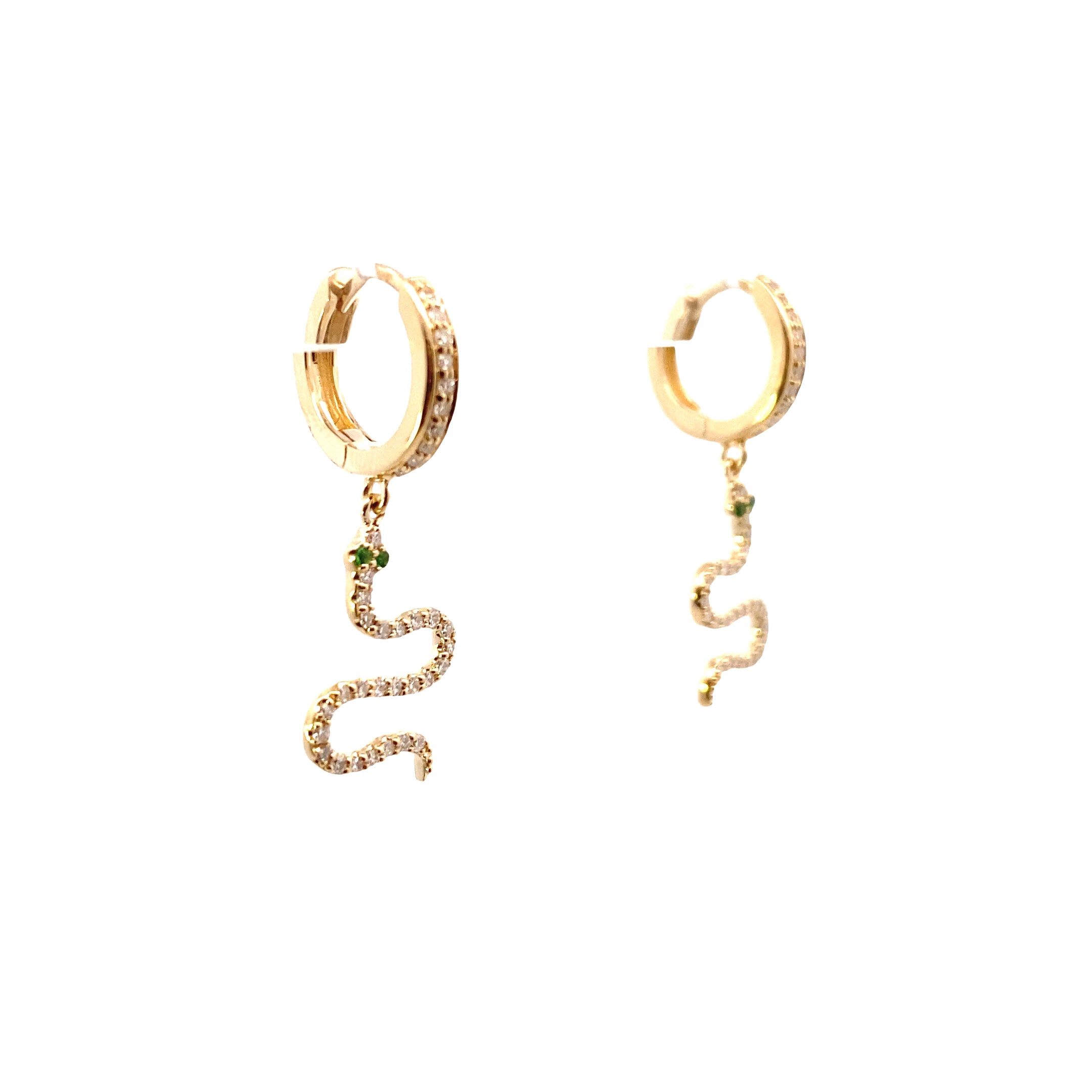 14K Yellow Gold 1/3 CT. Diamond Snake Dangle Huggie Hoop Earrings