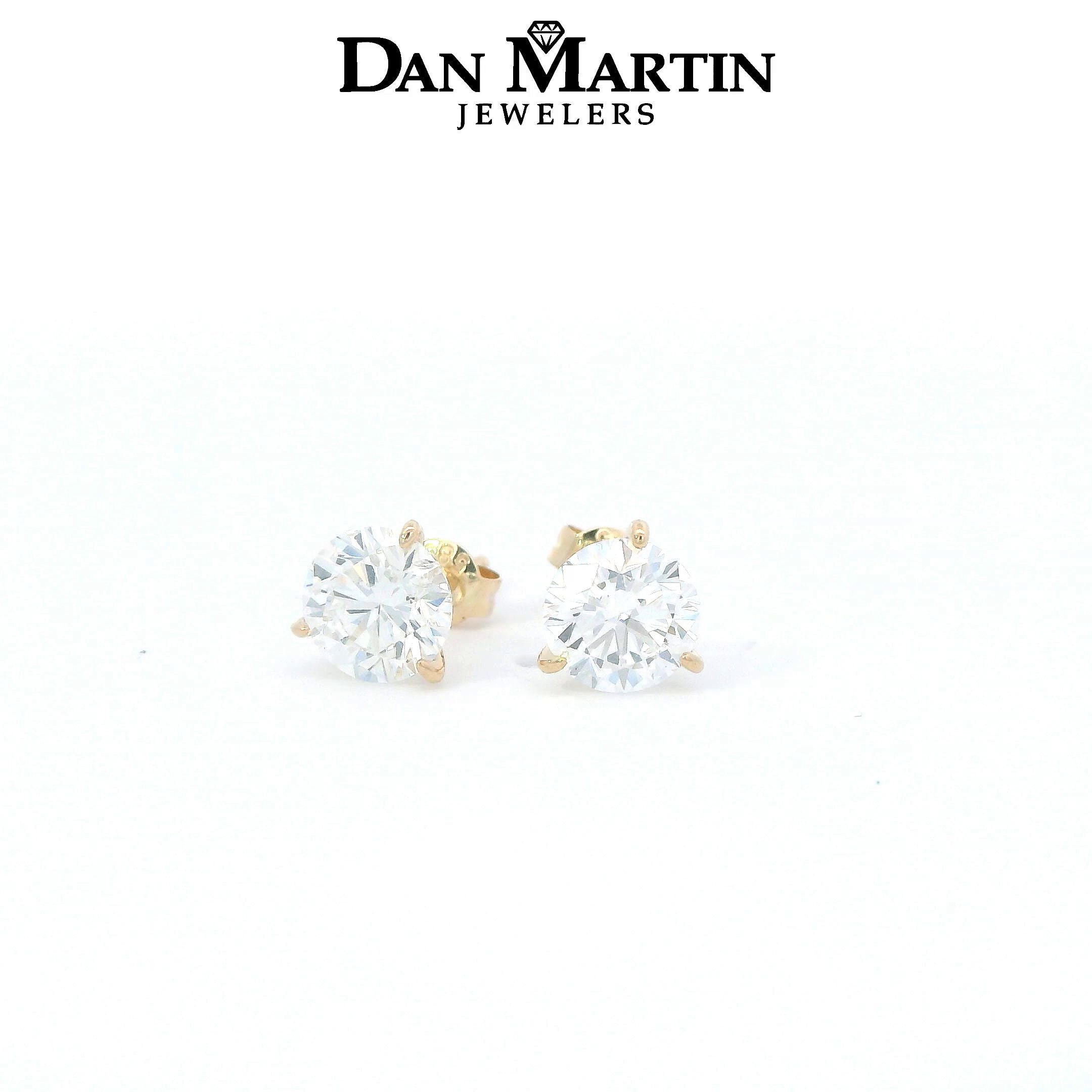 14K Yellow Gold 2CTW. Round Lab-Grown Diamond 3-Prong Martini-Set Stud Earrings