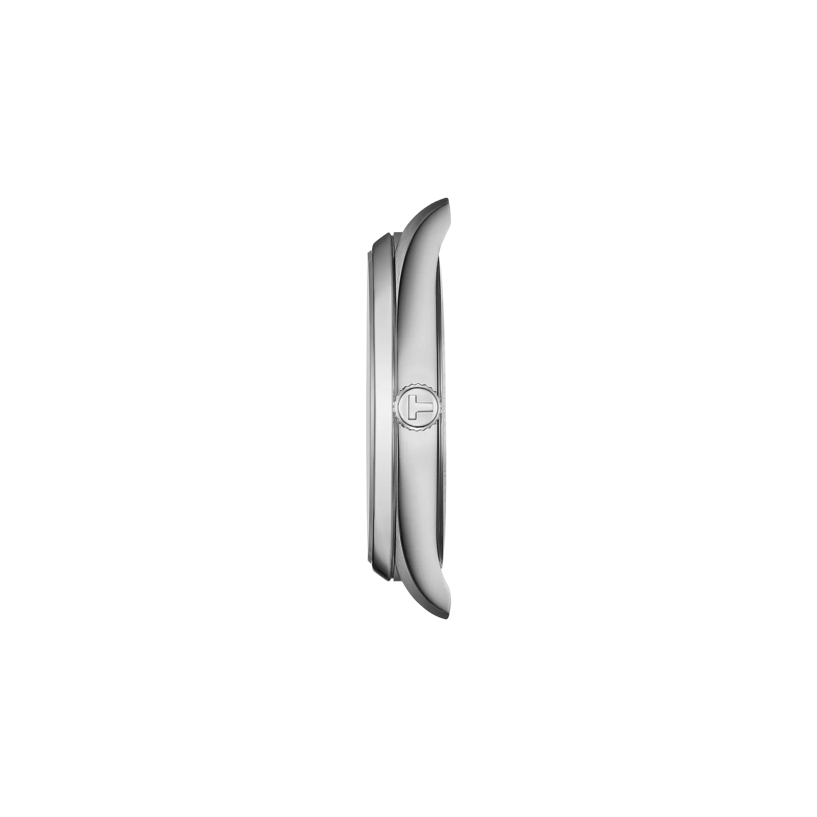 Silver watch case on a white background