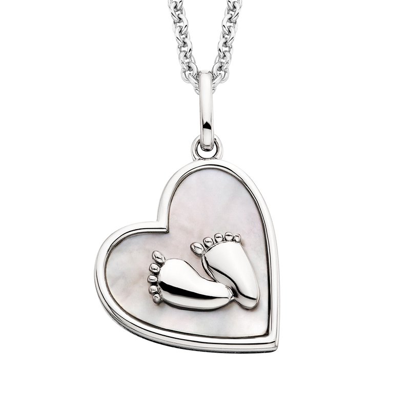 Sterling Silver Mother of Pearl Baby Footprints Heart Pendant Necklace on white background