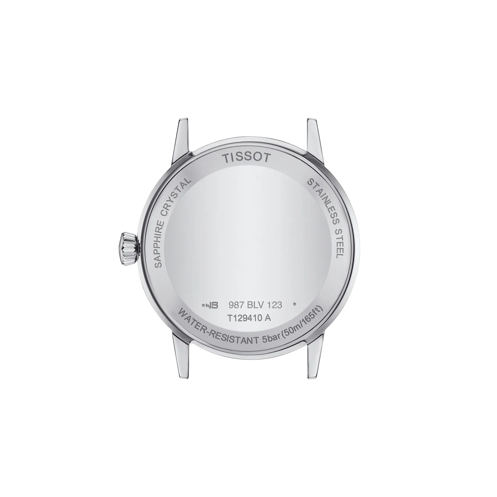 Back view of a Tissot watch with brand name and model details on a white background