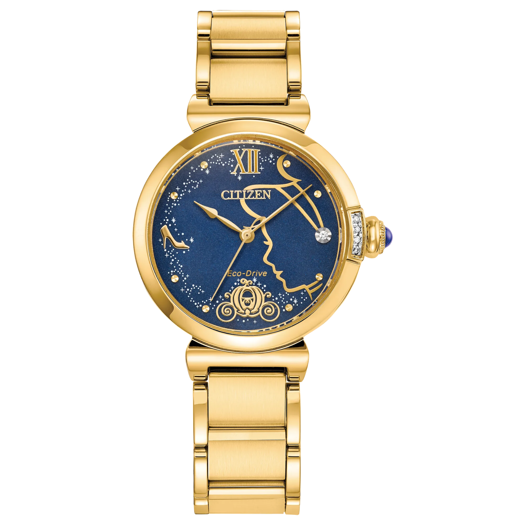 Gold wristwatch with a blue dial featuring star constellations on a white background