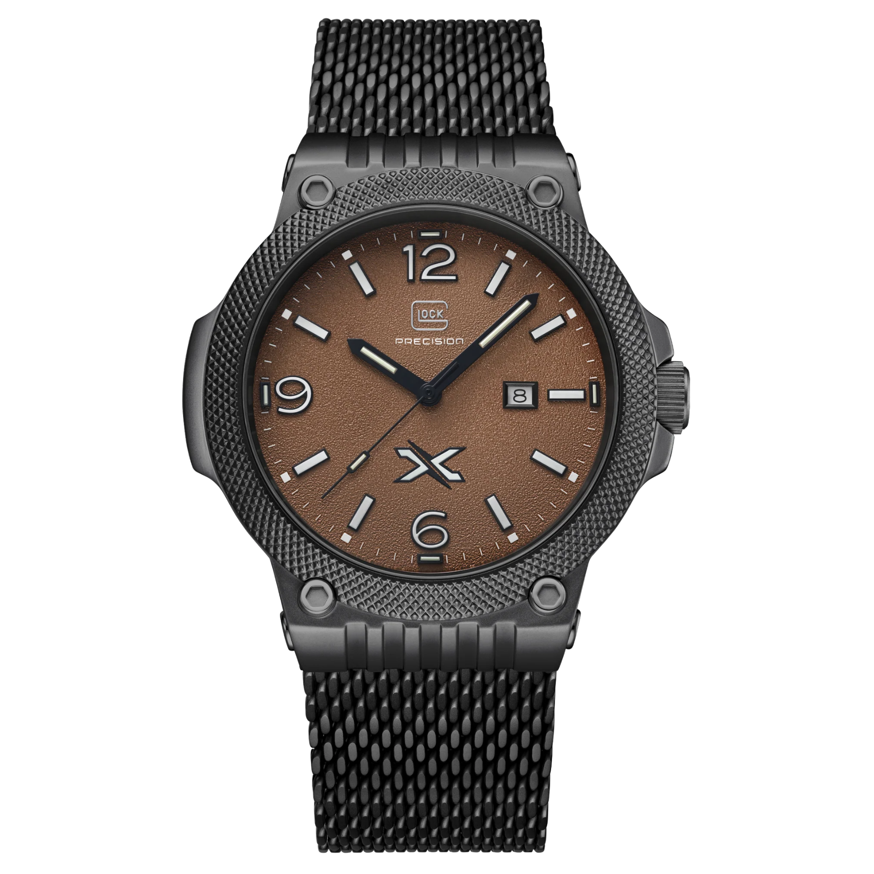 Black wristwatch with brown dial on a white background