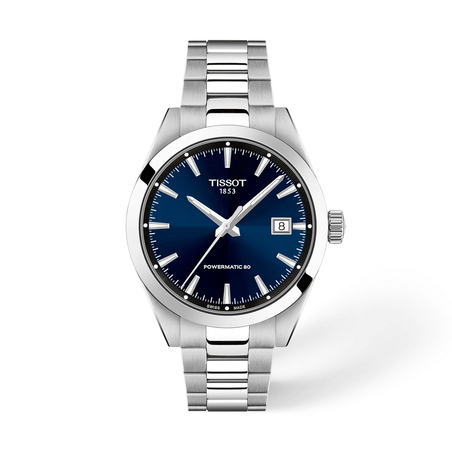 Tissot watch with blue dial and silver bracelet on a white background