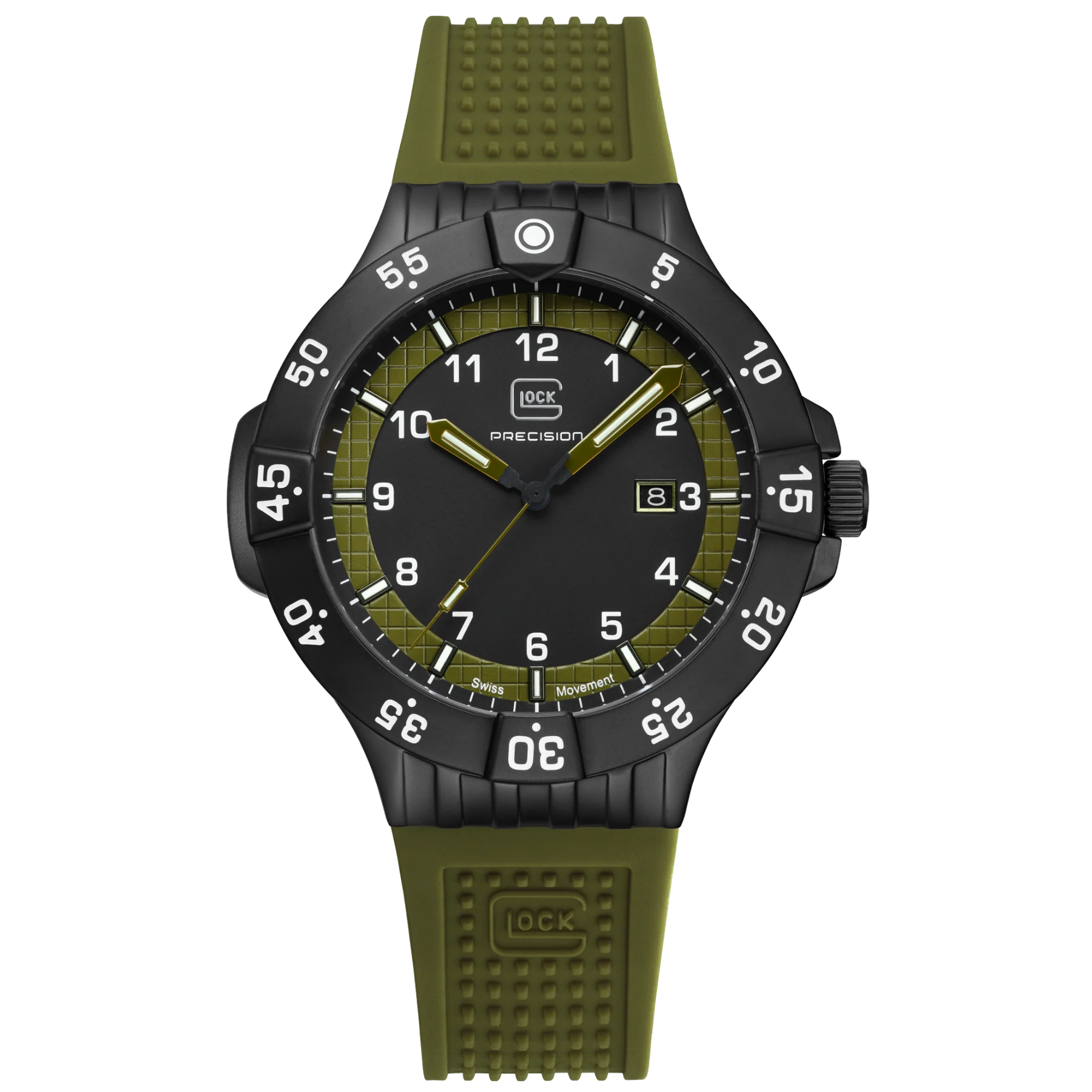 Green watch with black dial on a white background