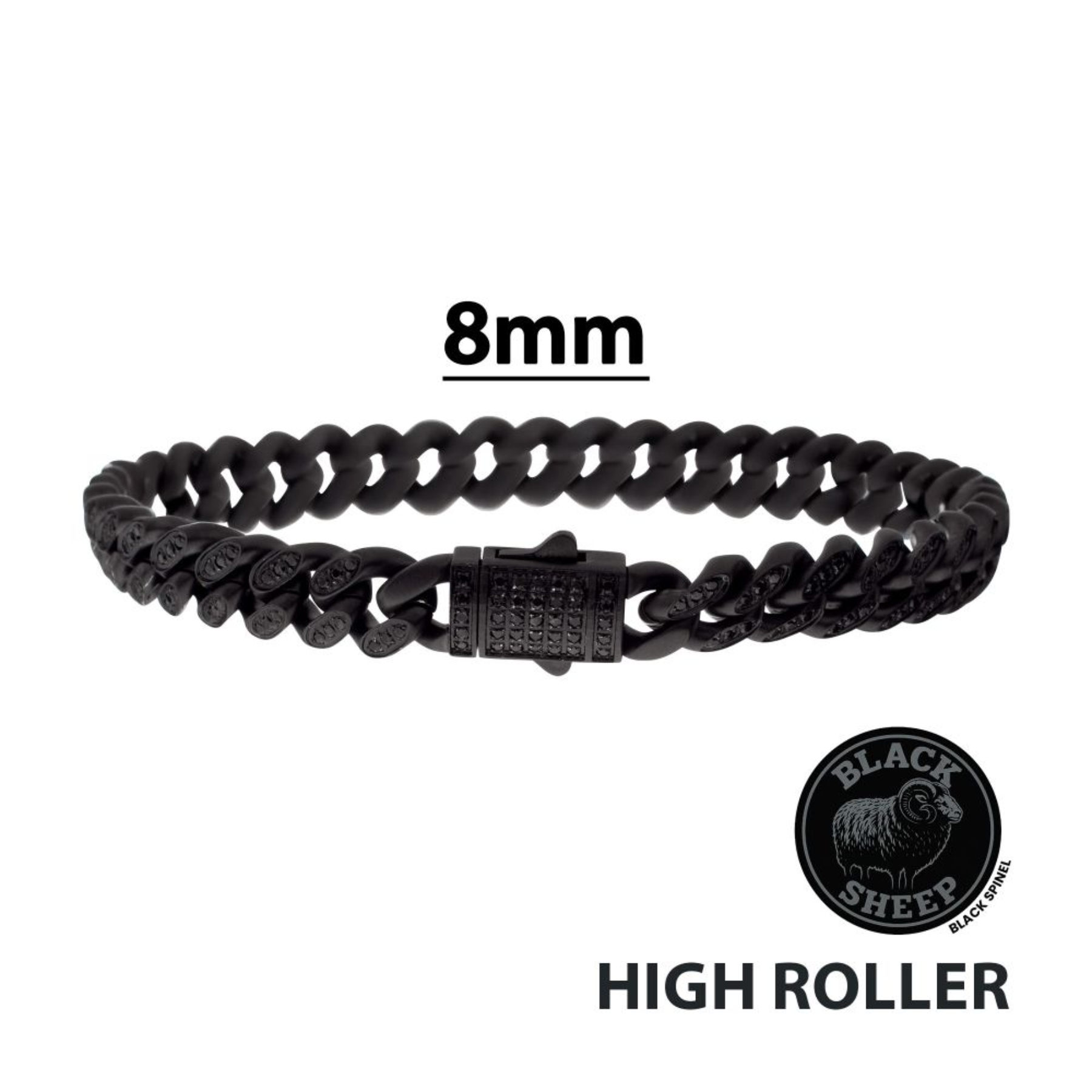 Inox Men's 8mm Black IP Steel Miami Cuban Chain Bracelet with 1mm CNC Set Black Spinel