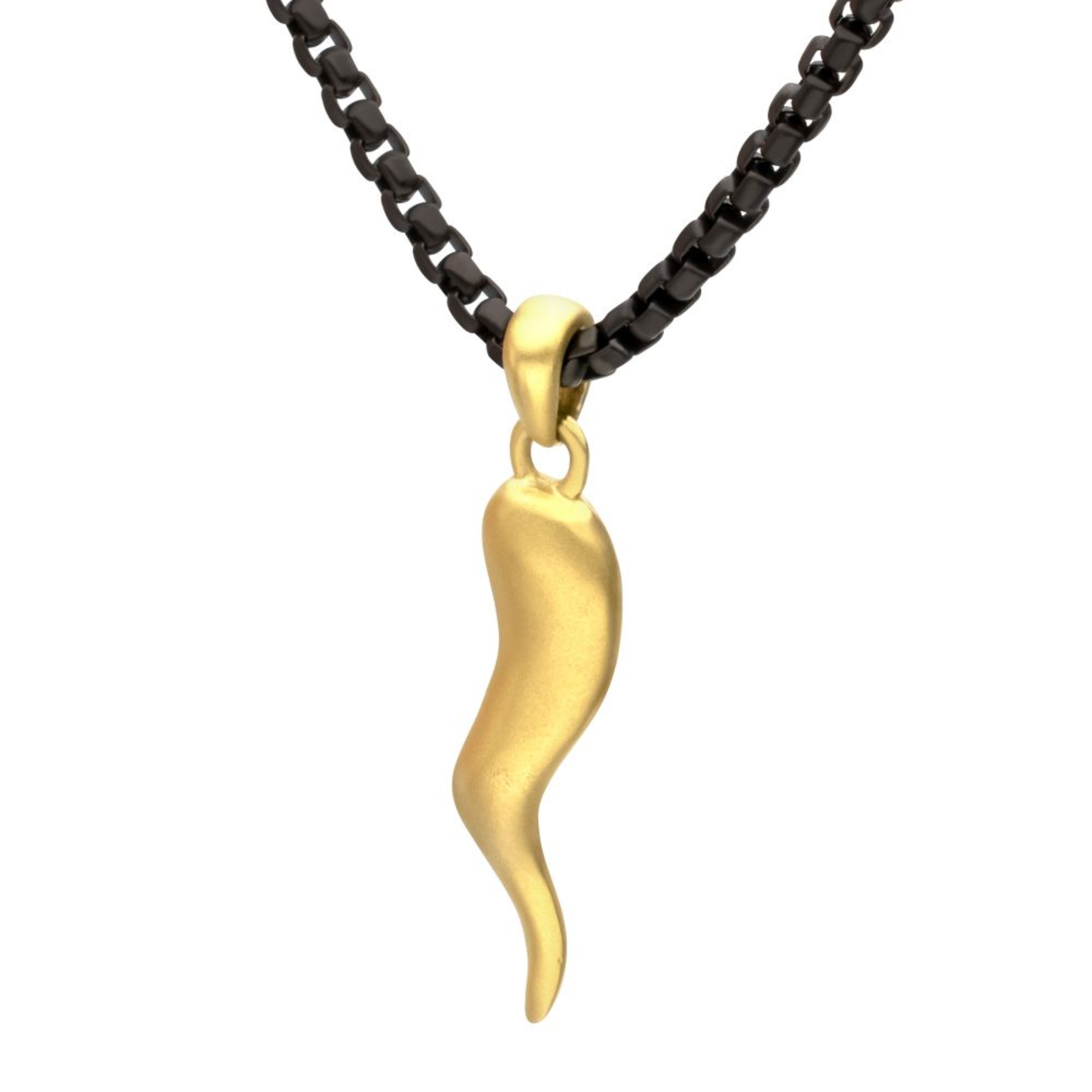 INOX Matte 18Kt Gold IP Steel Italian Horn with Black IP Steel Box Chain