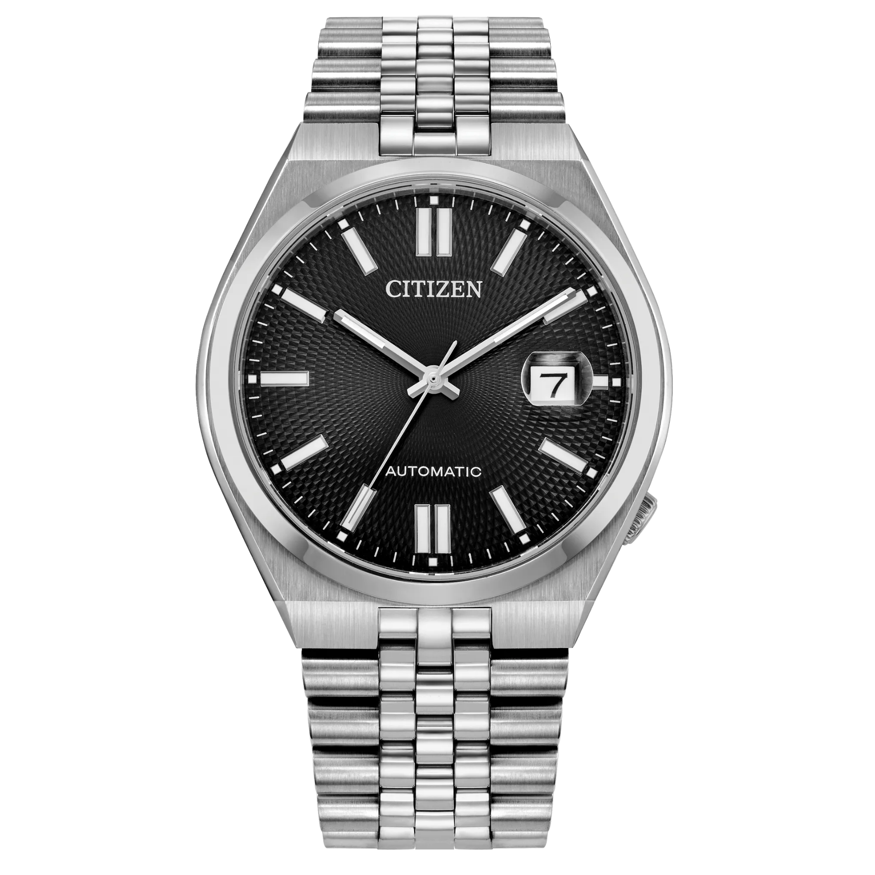 Silver Citizen watch with black dial on a white background