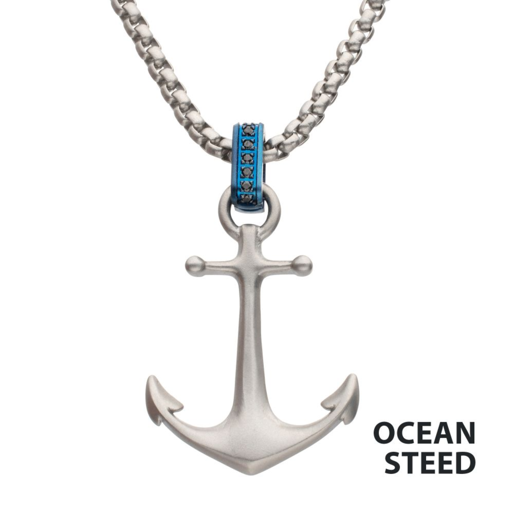 Silver anchor pendant necklace with blue accents on a white background, featuring the brand 'Ocean Steed'.