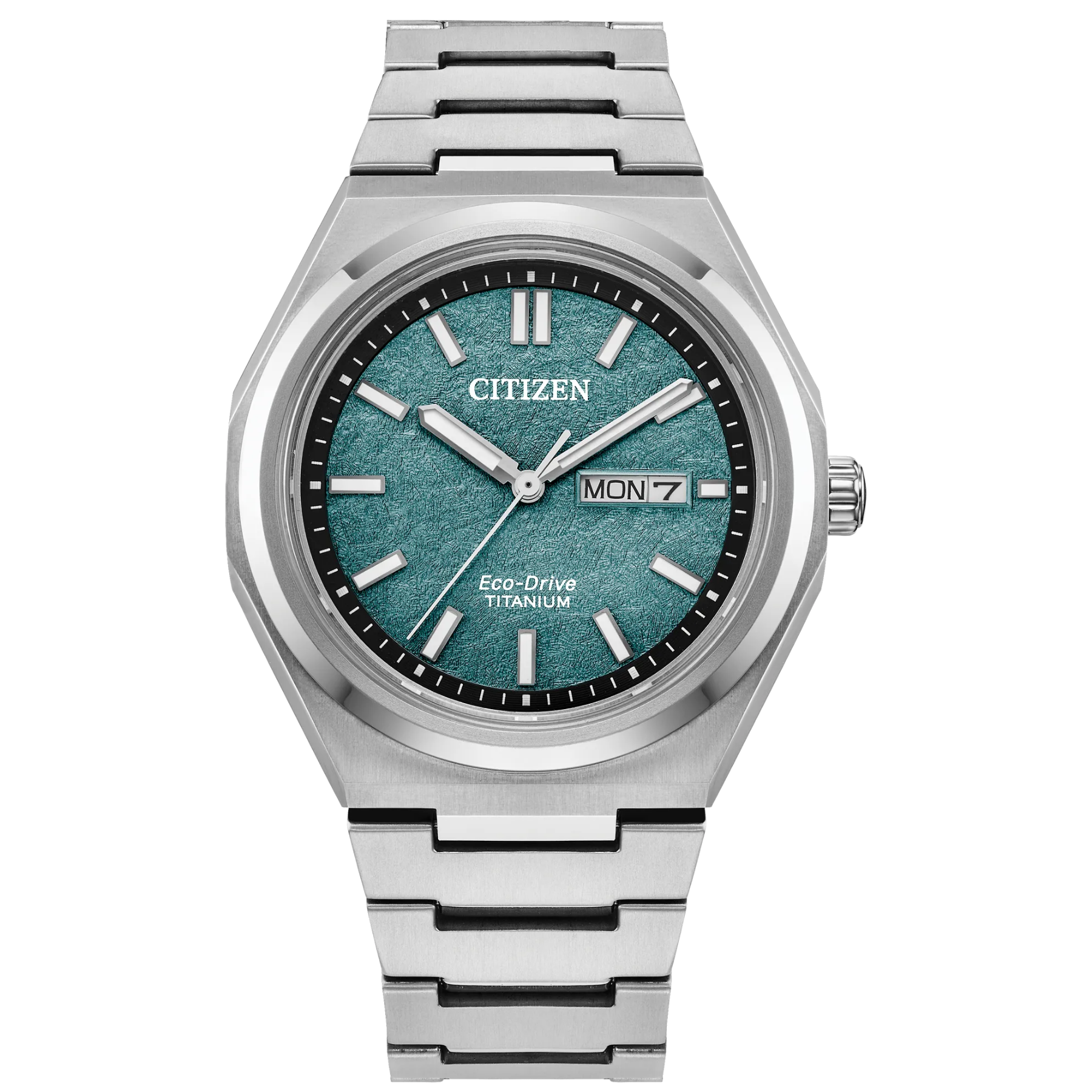 Silver Citizen watch with a blue textured face on a white background
