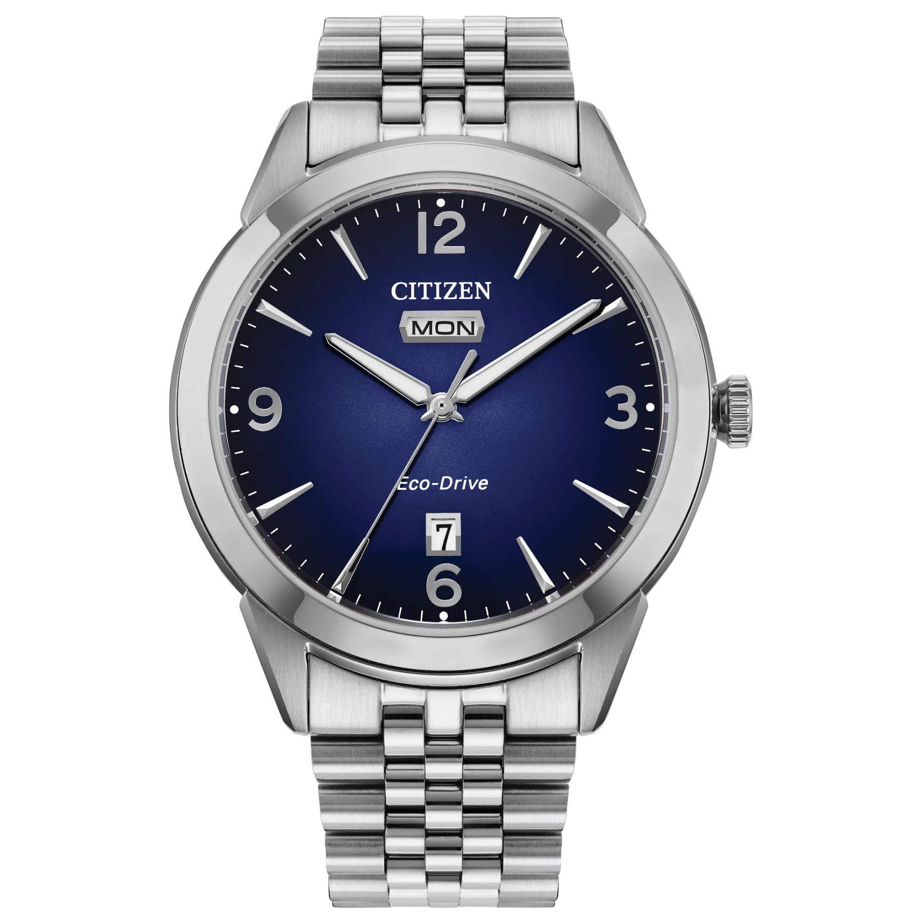 Silver Citizen watch with blue dial on a white background