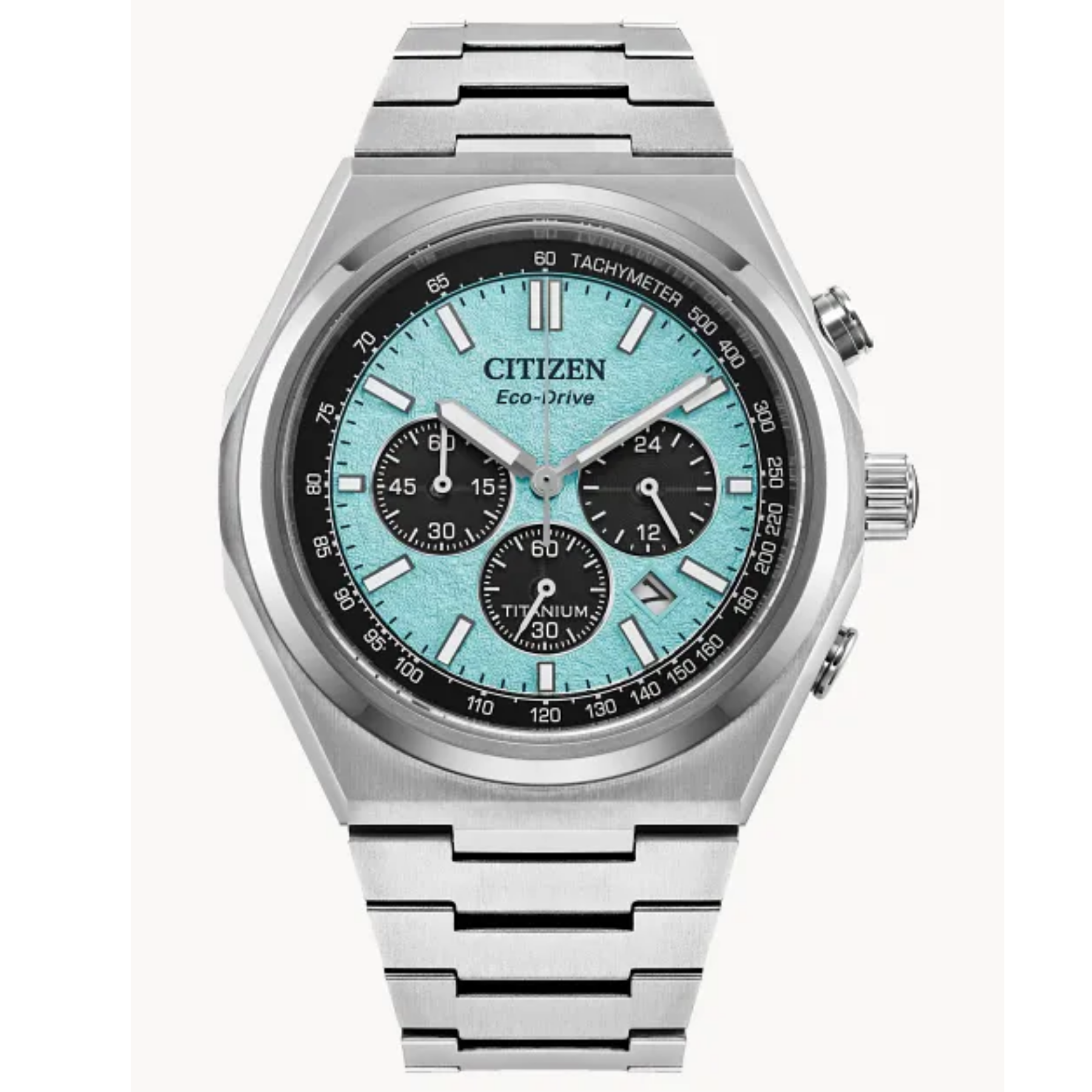 Silver Citizen watch with a blue face on a white background