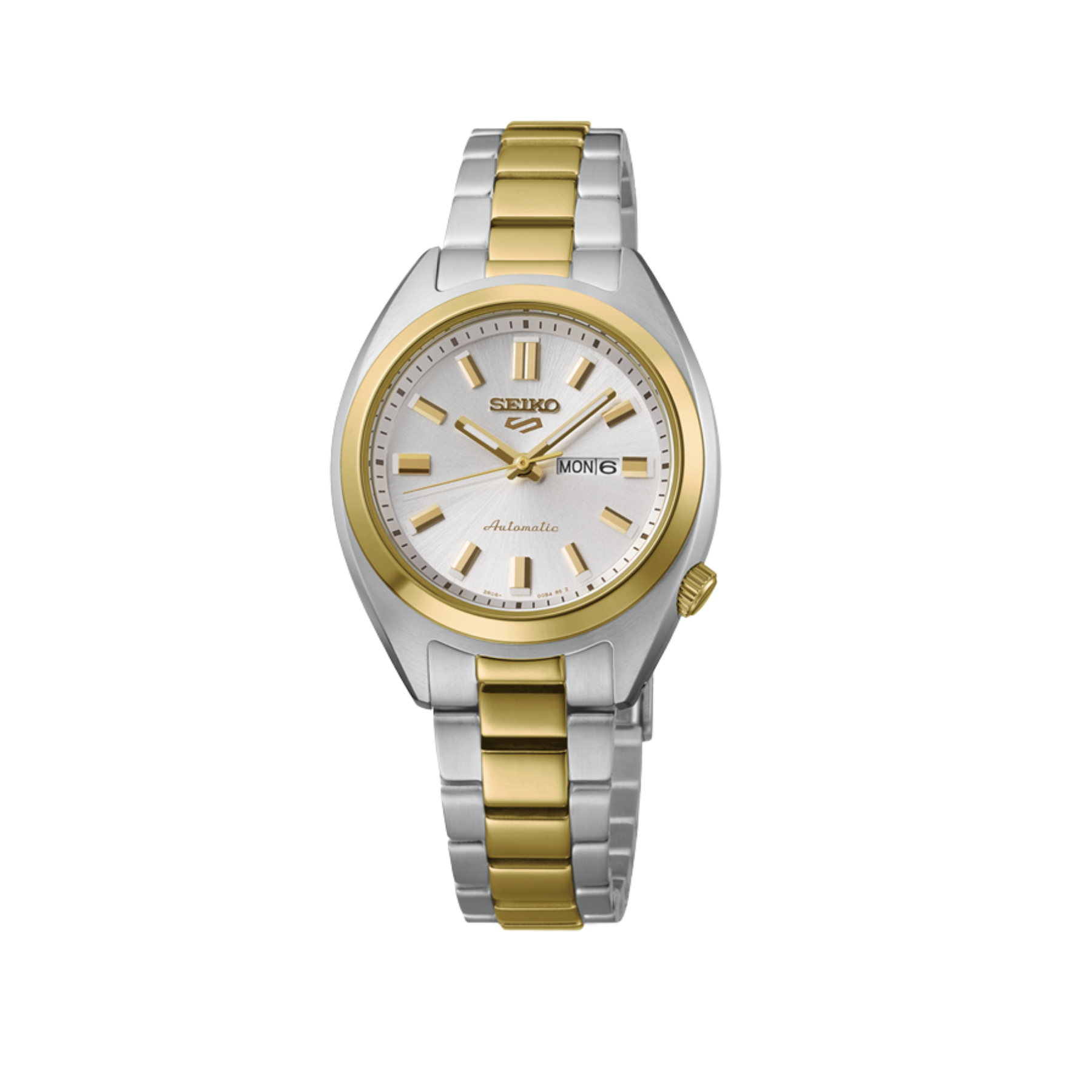 Two-tone Seiko watch with silver and gold band on a white background