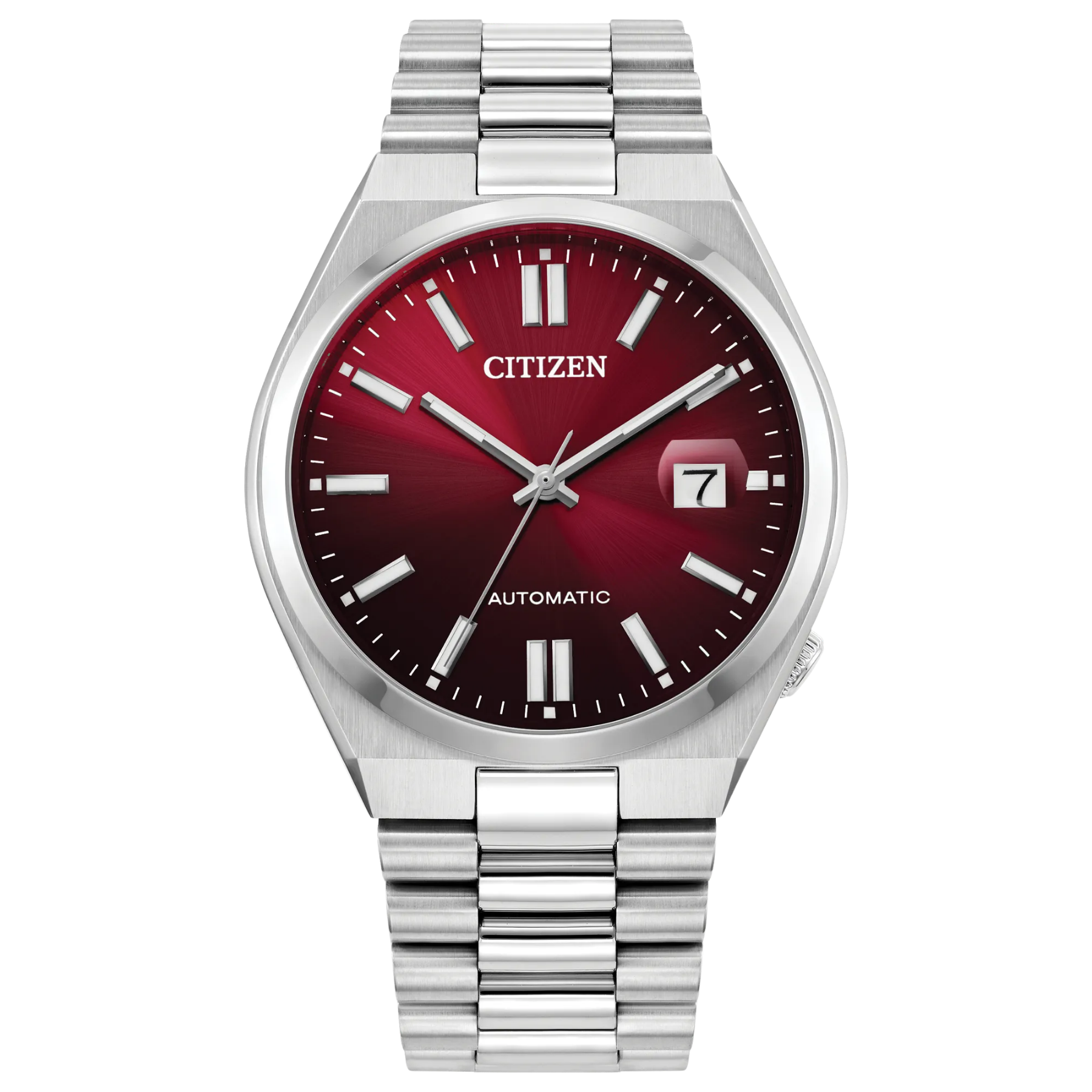 Citizen watch with red face and silver metal strap on white background