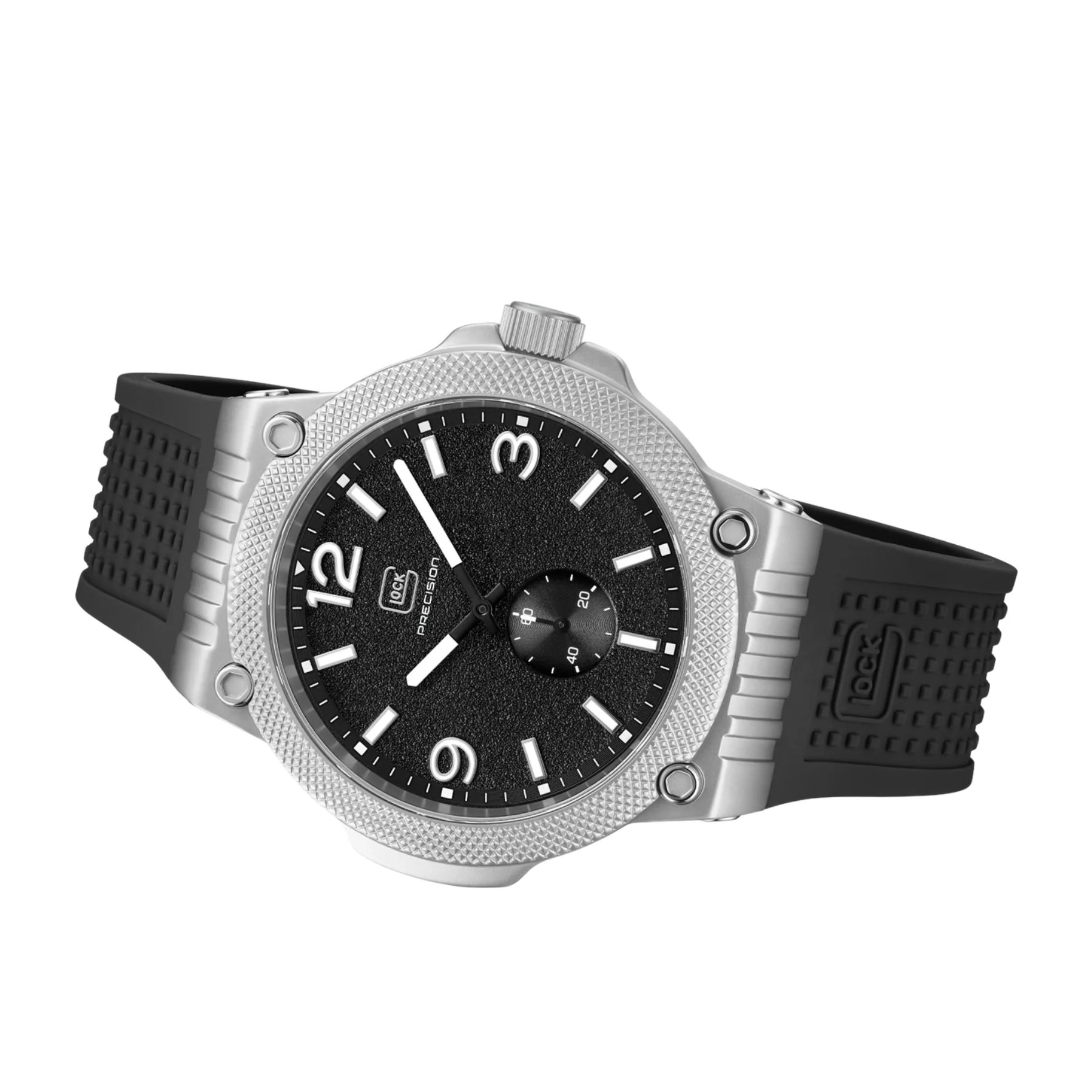 Wristwatch with black dial and black strap on a white background