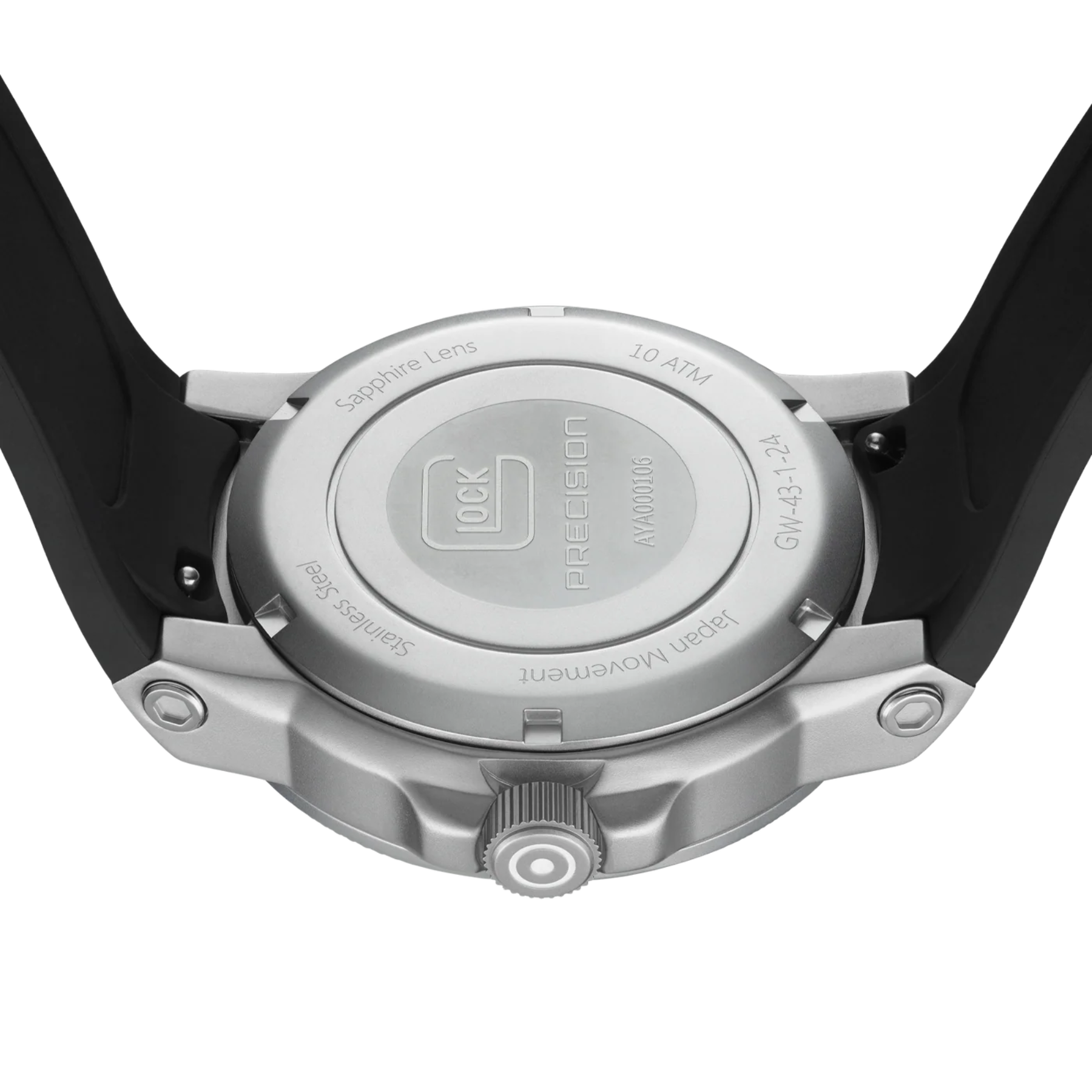 Close-up of a watch case with brand logo and text on a white background