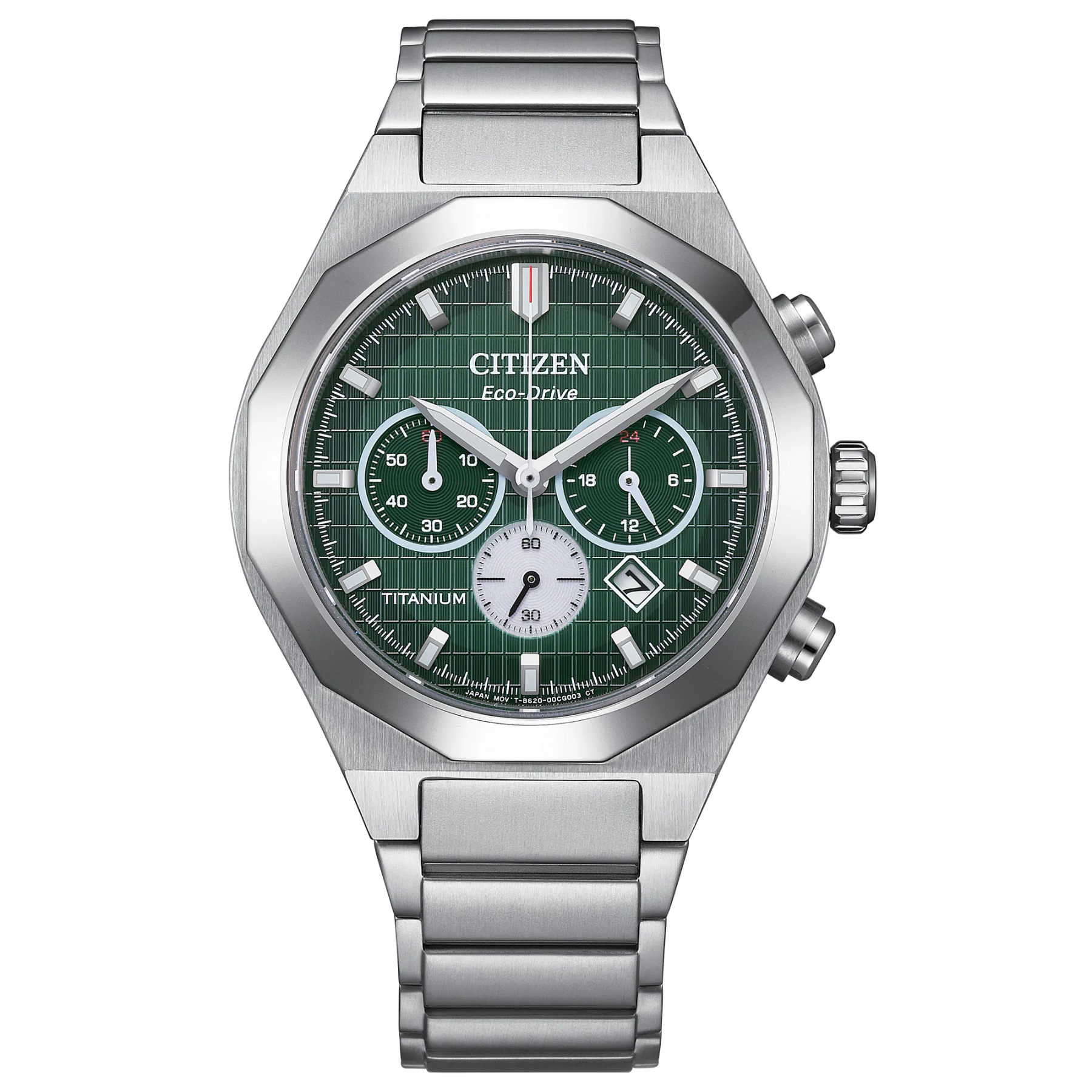 Citizen watch with green dial and silver metal strap on a white background