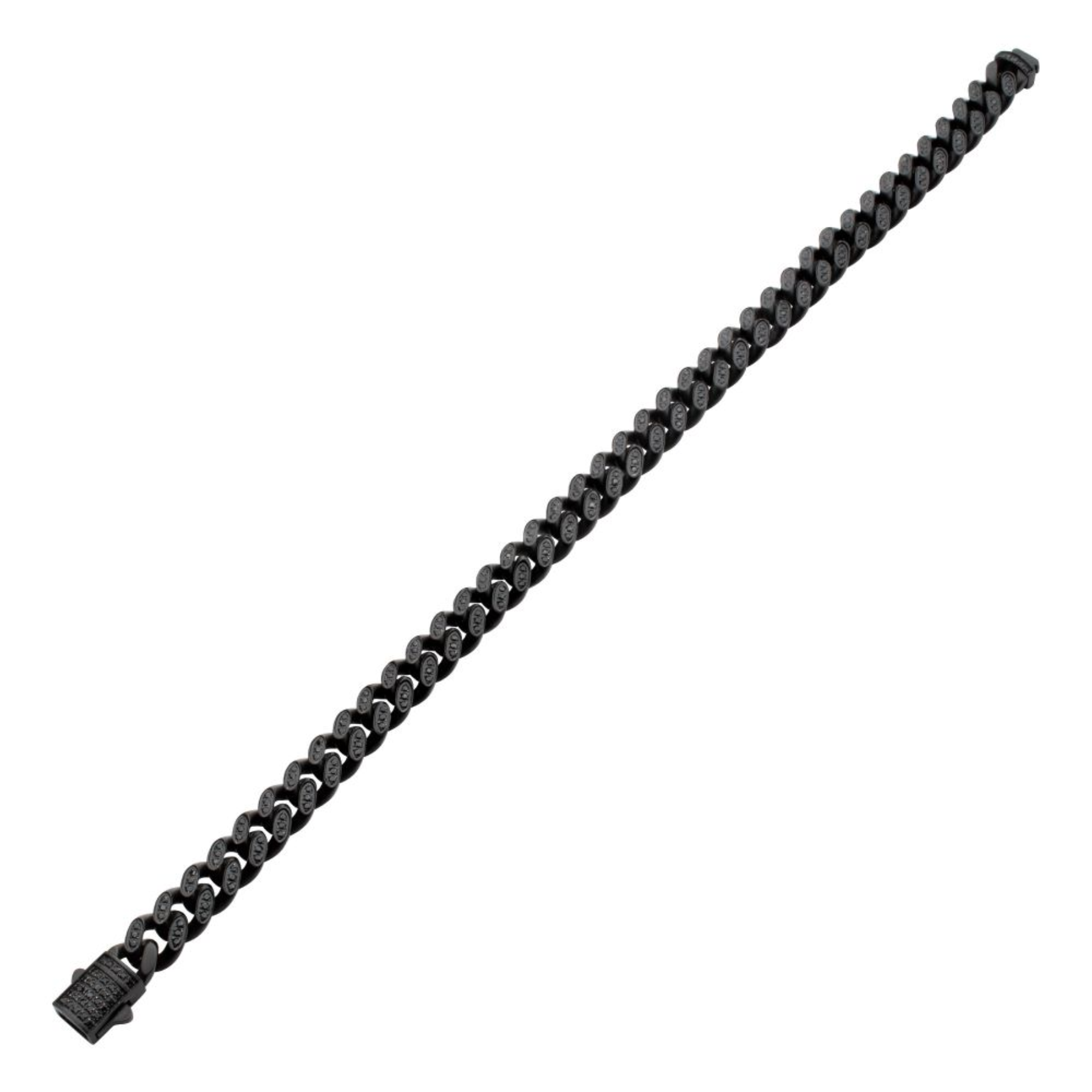 Inox Men's 8mm Black IP Steel Miami Cuban Chain Bracelet with 1mm CNC Set Black Spinel