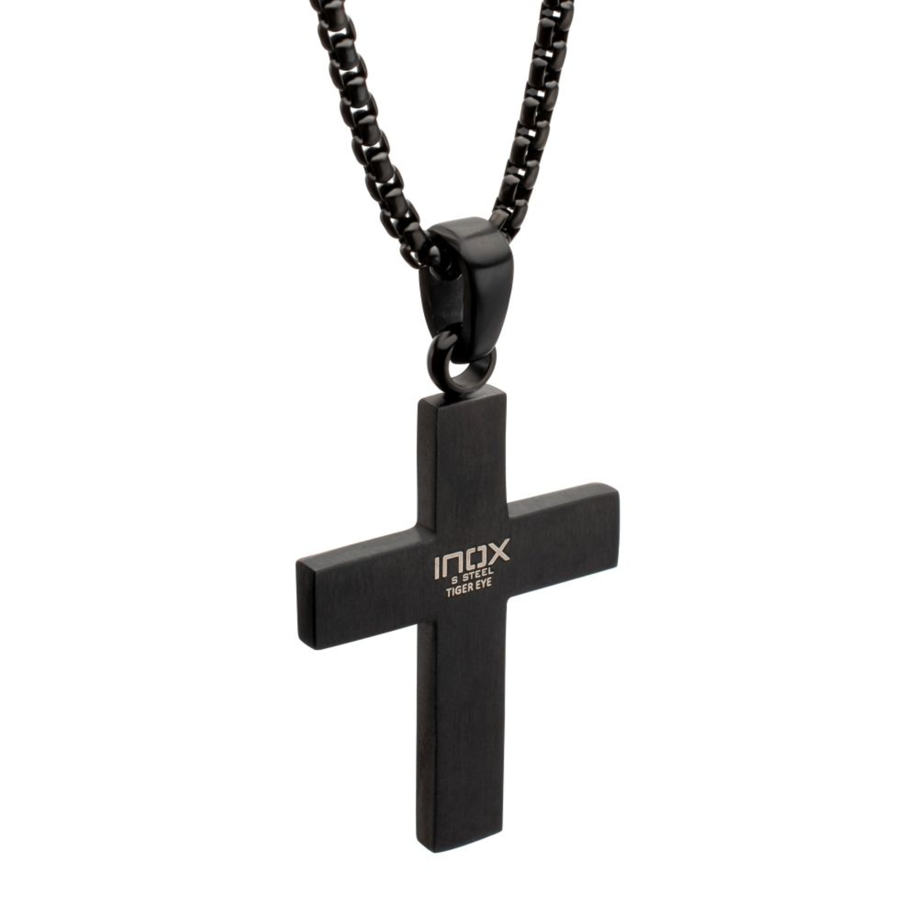INOX Stainless Steel Matte Black Tiger's Eye Inlay & Lab-Grown Diamond Accented Cross Pendant Necklace