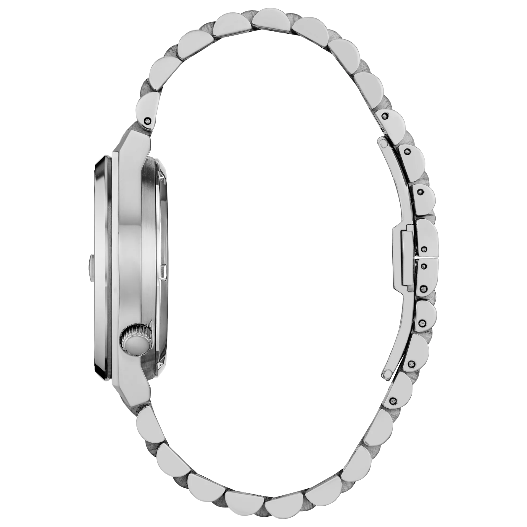 Silver watch with a detailed metal band on a white background