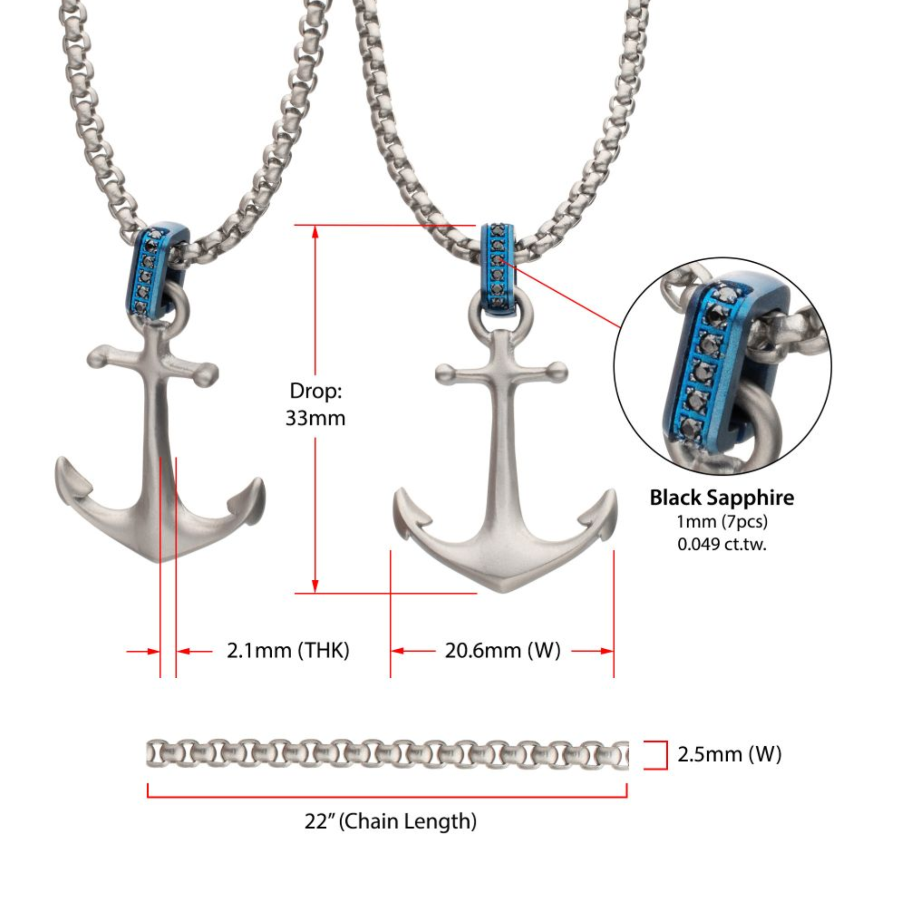 Anchor pendant necklace with black sapphire stones, shown with measurements on a white background.