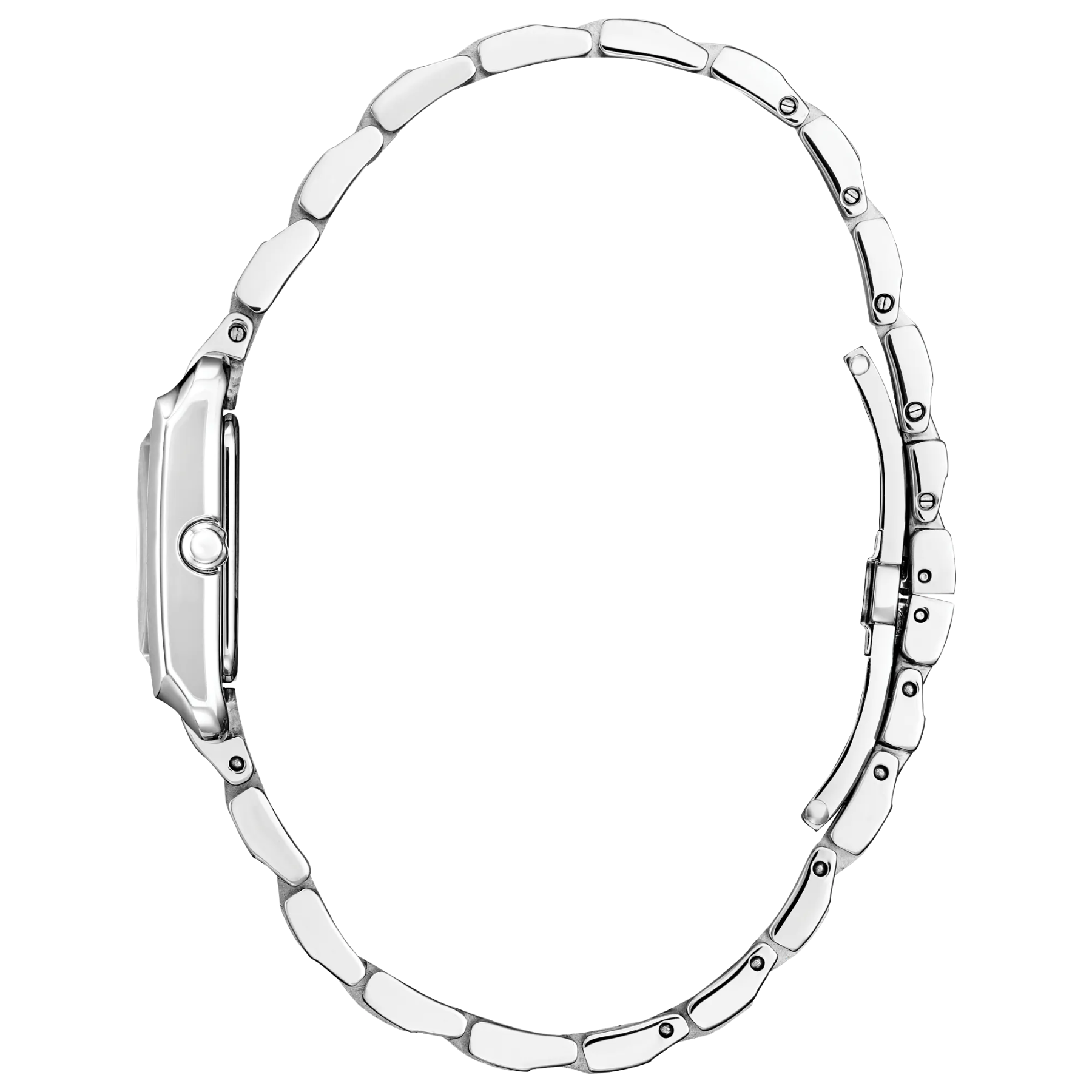 Silver watch band on a white background