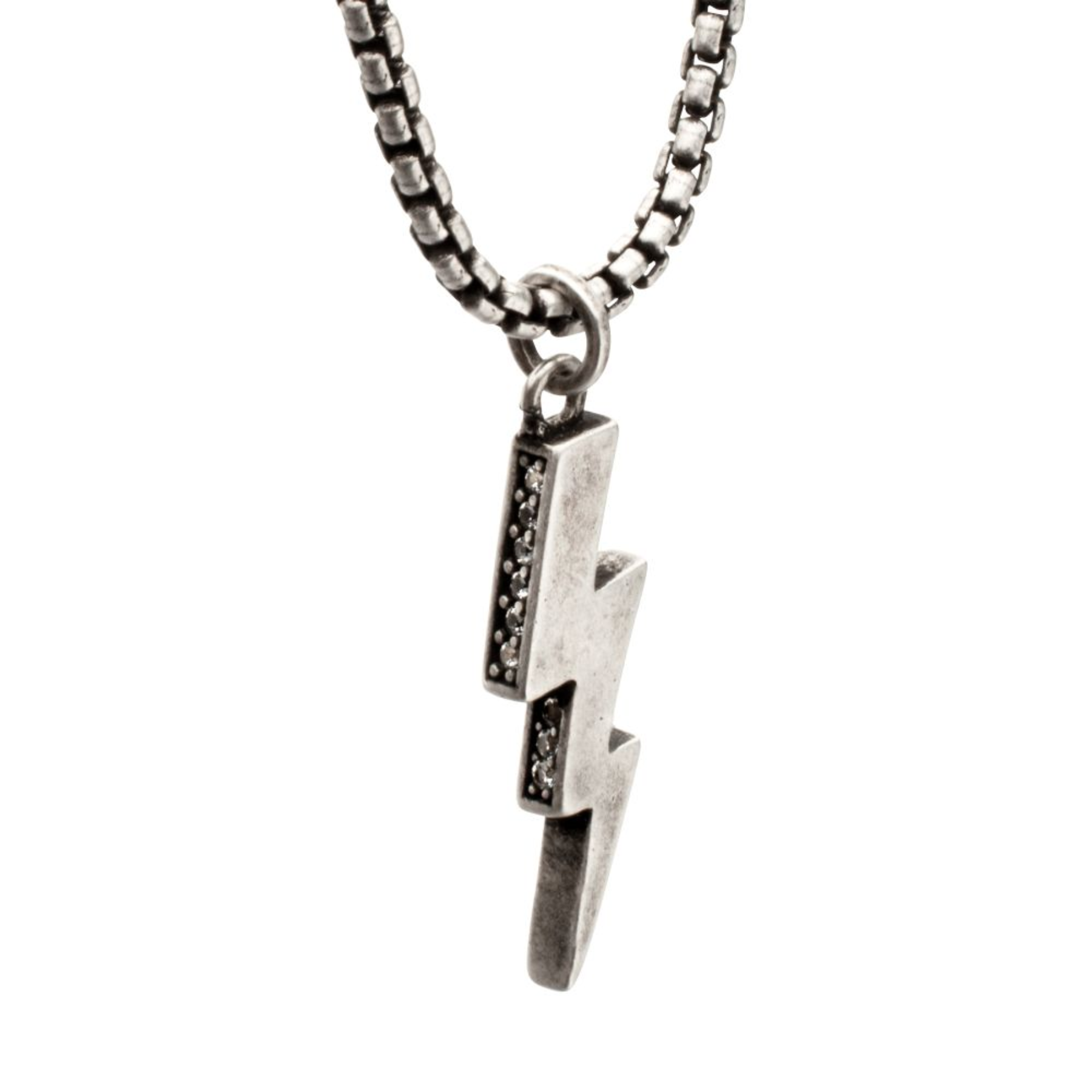 Silver lightning bolt pendant on a chain against a white background