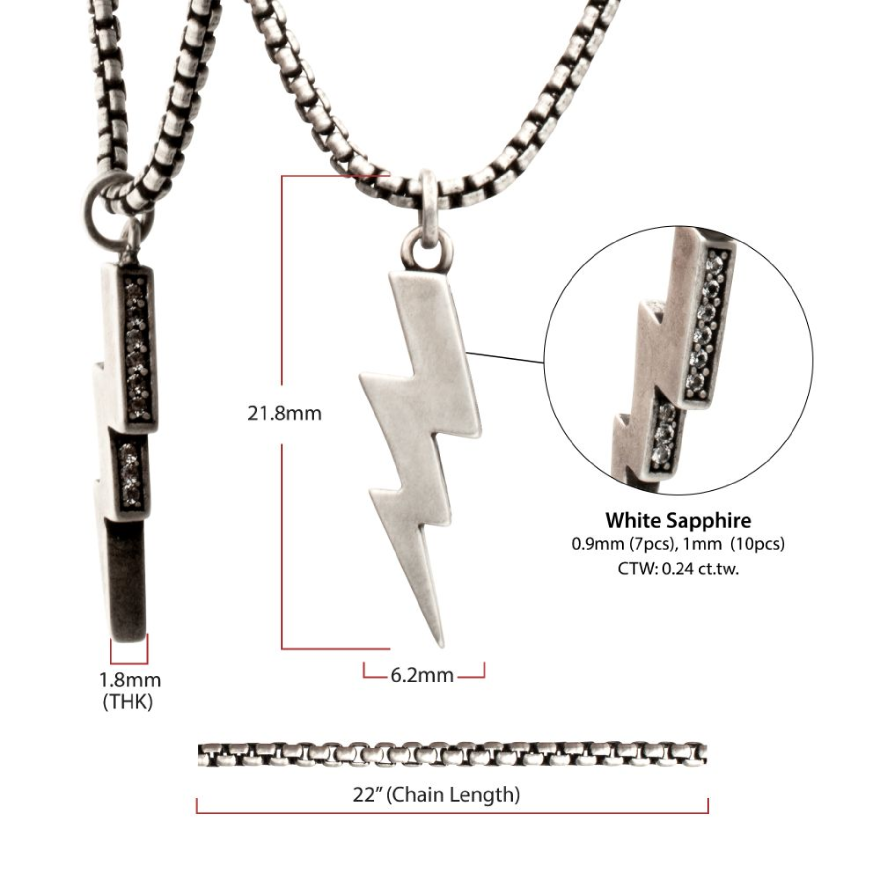 Necklace with a lightning bolt pendant and measurement details on a white background