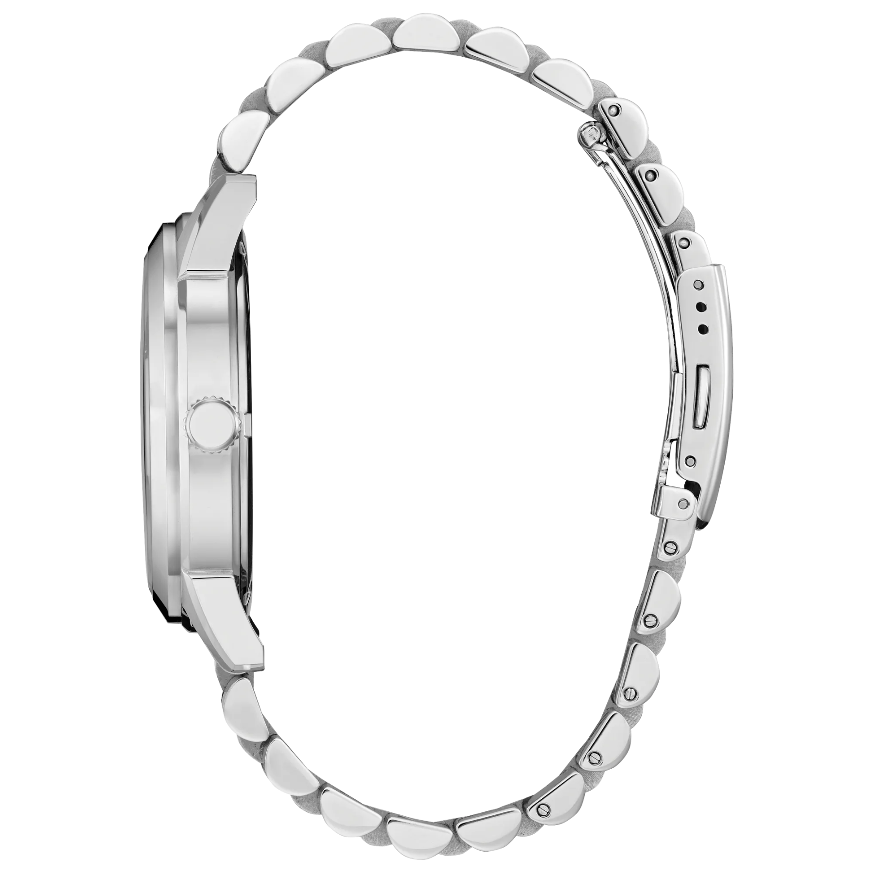 Close-up of a silver watch band on a white background