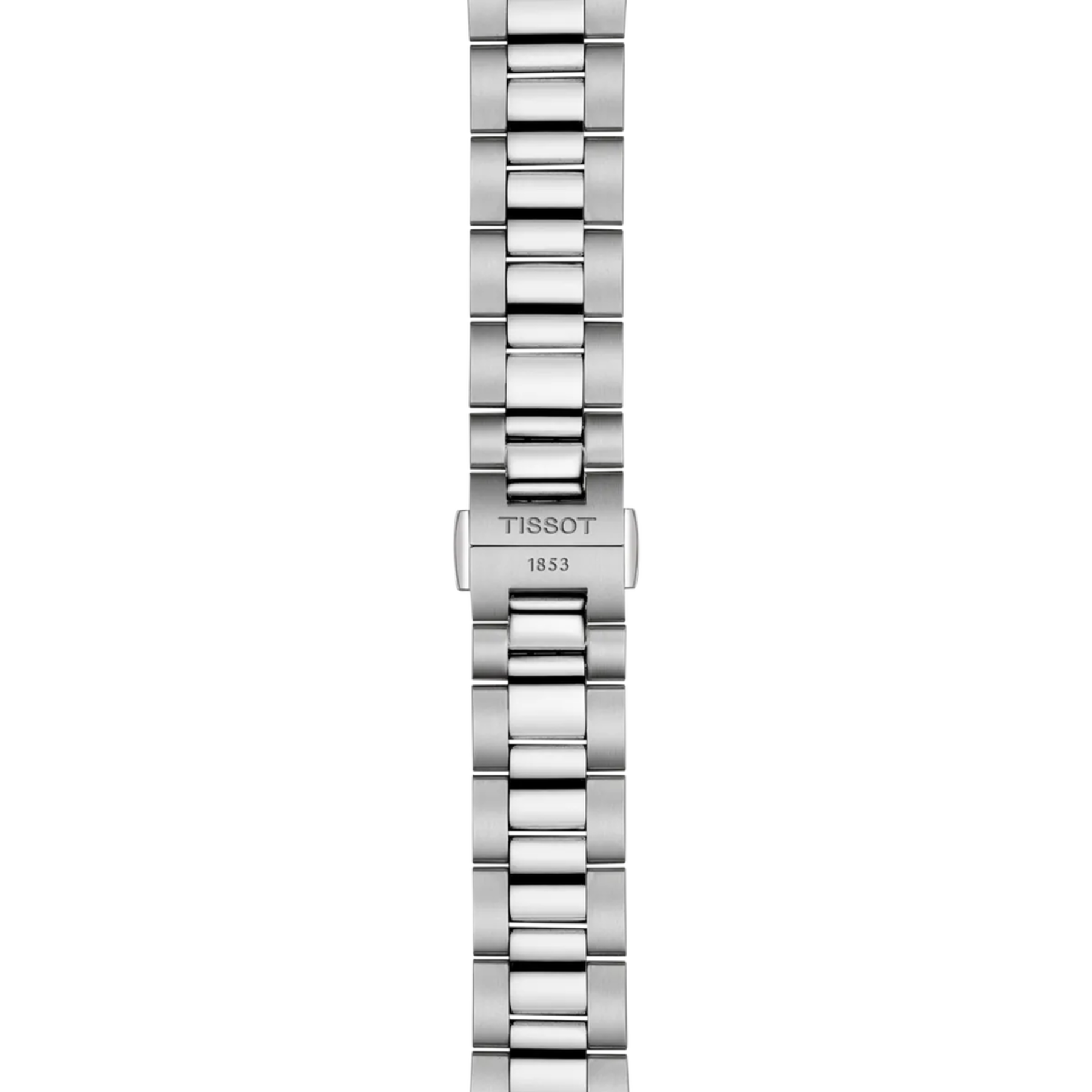Silver watch strap with Tissot logo on a white background