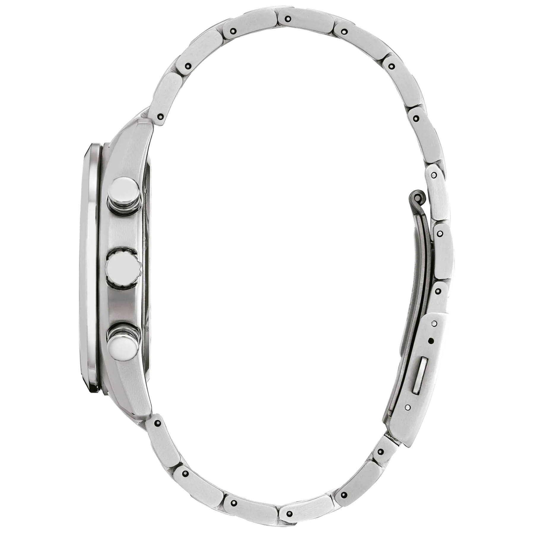 Close-up of a silver watch band on a white background