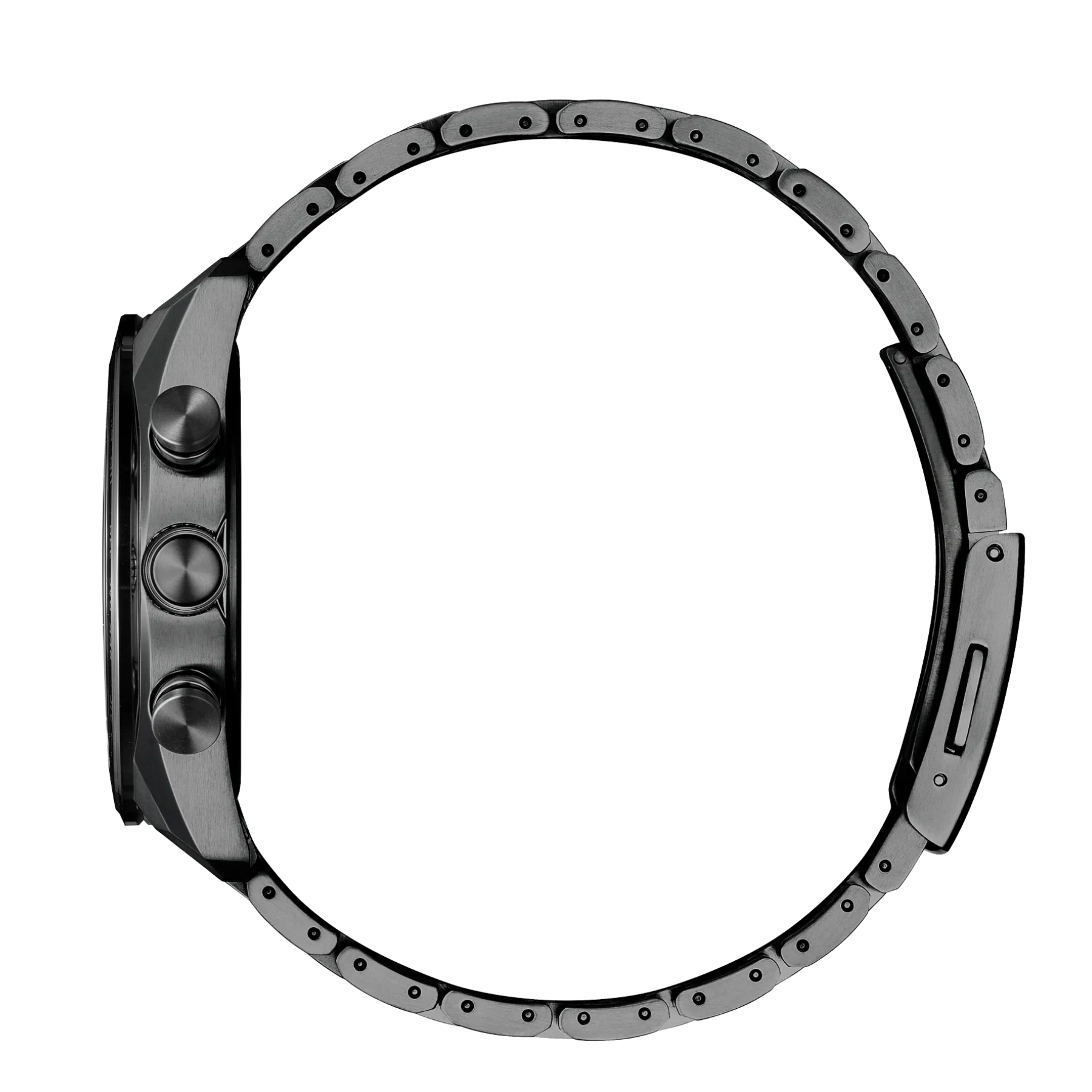 Black and silver watch case on a white background