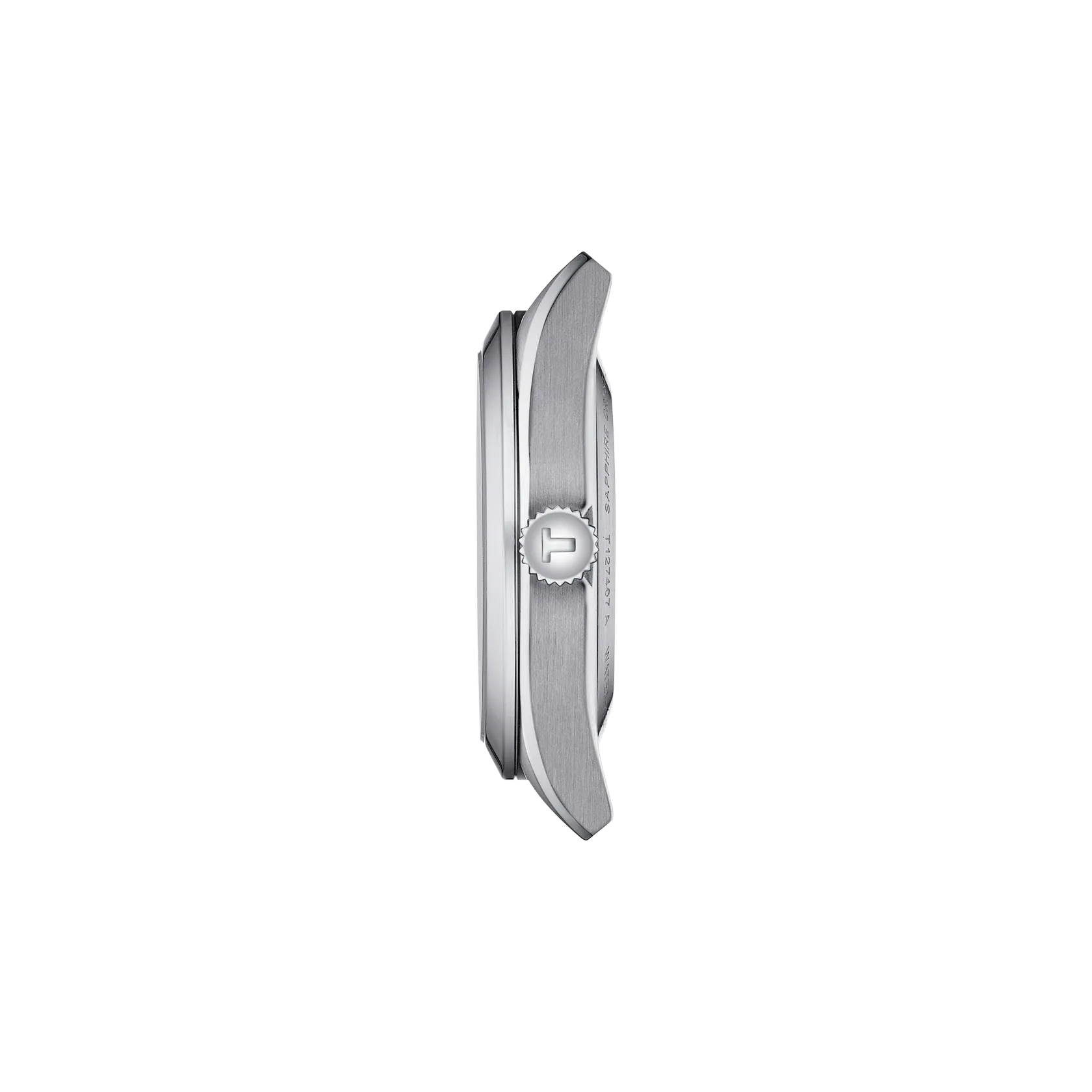 Silver watch case on a white background